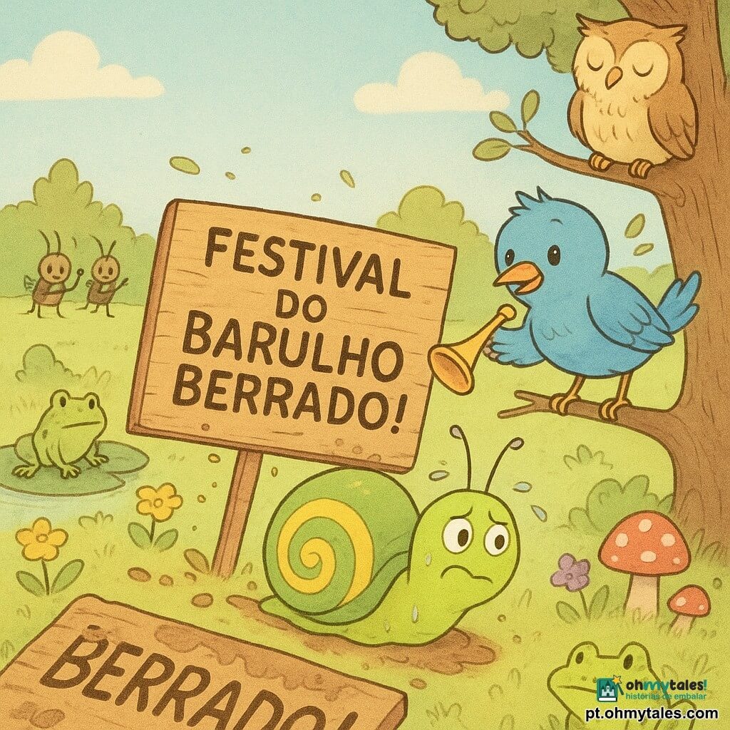 Um caracol chamado Nico, pequeno e redondo, carapaça verde viva com espirais amarelas, antenas finas e olhos brilhantes, parece maroto e preocupado enquanto empurra uma placa caída com sua gola molhada, gotas de suor visíveis; um pardal mensageiro azul-claro de bico laranja, penas desgrenhadas, segura uma pequena corneta dourada numa galho próximo; no primeiro plano uma grande placa de madeira tombada, suja de lama, mostra ao contrário "FESTIVAL DO BARULHO BERRADO!"; ao fundo uma banda de grilos miniatura de gravata segura instrumentos minúsculos em círculo, dois girinos de sapo verdes manchados sentam-se num nenúfar coaxando baixo; a clareira é colorida com relva curta, flores amarelas e roxas, cogumelos vermelhos com bolinhas brancas, e uma coruja grande empoleirada num carvalho piscando sonolenta; clima doce, cômico e luminoso, traços arredondados, cores pastel saturadas, sombras suaves e textura de lápis para um aspecto caloroso e infantil.