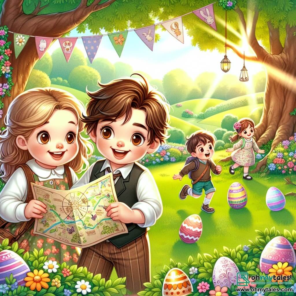 A 12-year-old boy named Oliver, with messy brown hair and round glasses, smiles enthusiastically while holding a treasure map. He wears a colorful t-shirt and shorts, and his face radiates joy and excitement. Next to him is his little sister Max, an 8-year-old boy with blonde hair and a big smile, curiously looking at the map with bright eyes. In the background, Oliver's friends, including Lucy, an 11-year-old girl with brown hair in a floral dress, jump for joy as they discover chocolate eggs hidden under a large oak tree. The scene takes place in a sunny park filled with colorful flowers and green trees, with children's laughter echoing in the air. The ground is dotted with colorful Easter eggs, and a large paper banner decorated with rabbits and flowers gently floats above them. The main situation shows Oliver and his friends engaged in an Easter egg hunt, discovering hidden clues and having fun together, creating a festive and joyful atmosphere.