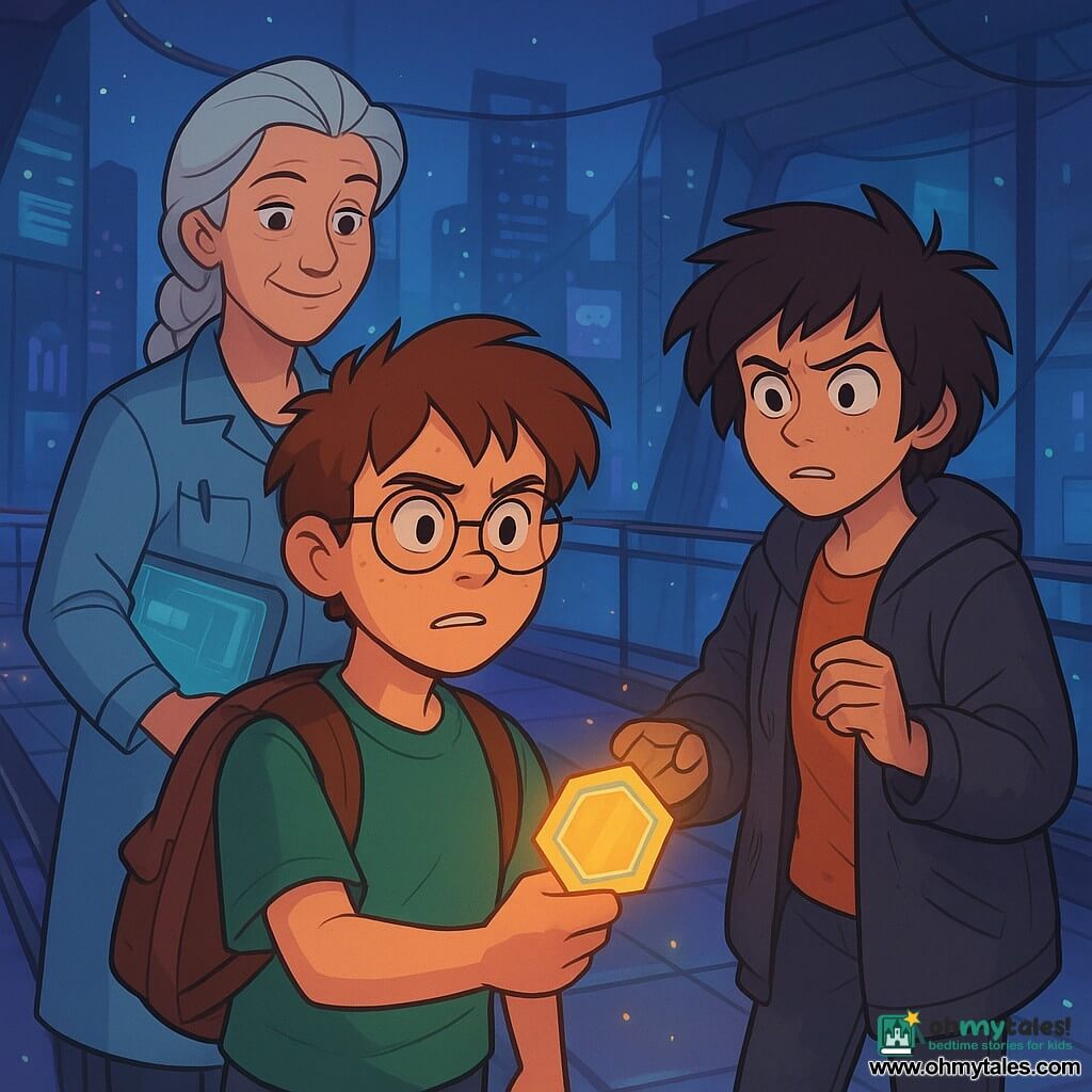 A 12-year-old boy with a round freckled face, messy brown hair and a determined, anxious expression holds a glowing hexagonal badge in an outstretched hand; he wears a green T‑shirt, worn backpack and thin‑rimmed glasses and stands on a smoked‑glass skybridge while a calm, kindly ~60‑year‑old woman with silver braided hair, a workshop smock and a holographic tablet watches from behind, and a wary but surprised ~14‑year‑old girl in an oversized jacket with short tousled hair and grease‑stained hands, a few steps below, reaches to clip the badge to her chest. The modern skybridge has blinking luminous floor tiles, thin metal rails, exposed cables and views of skyscrapers with flexible screens and floating holograms; the scene focuses on the badge transfer as bridge lamps flicker in blue‑violet ambient light with drifting particles, sharp glass‑to‑metal contrasts and a tense yet warm atmosphere.