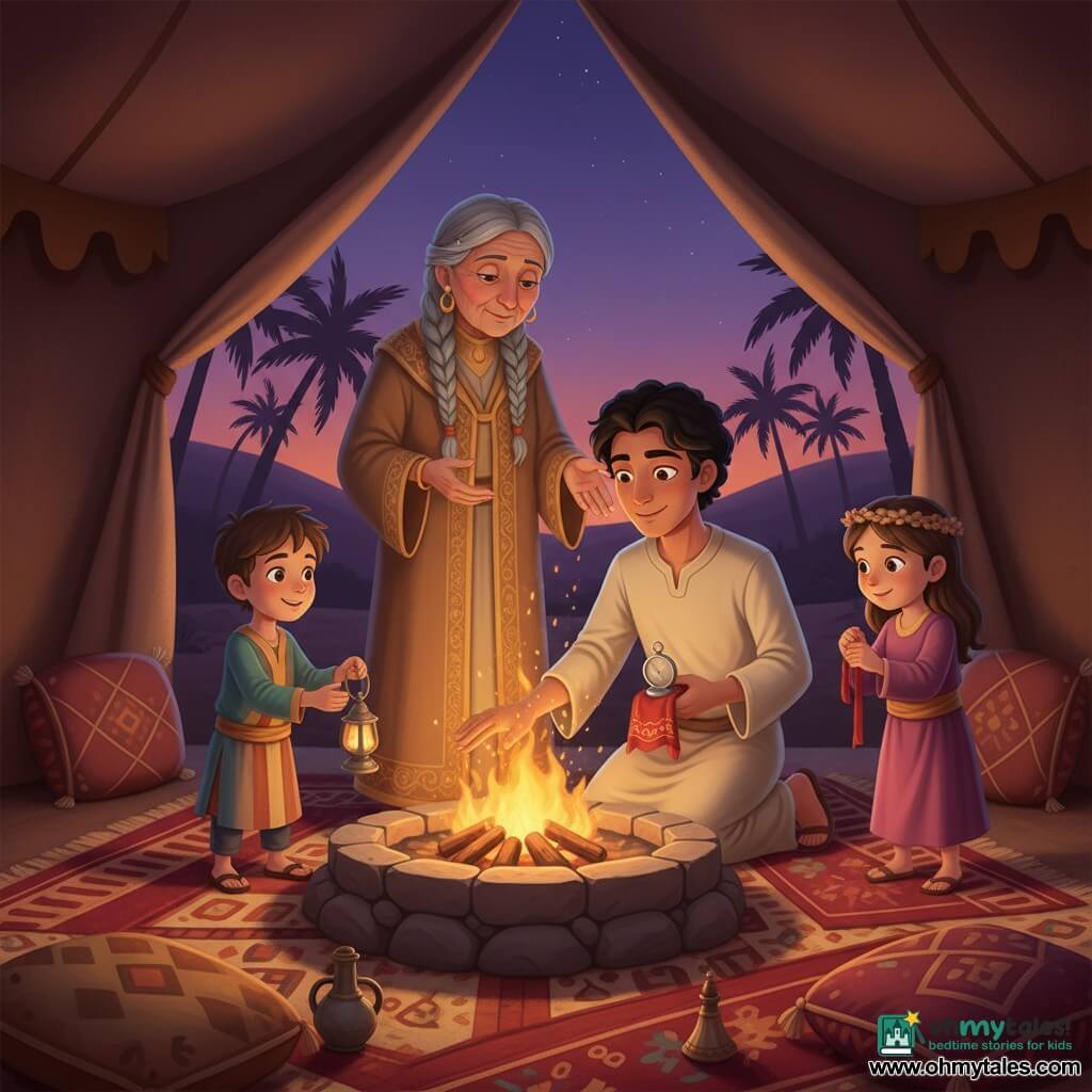 A young man (about 25) with a calm, smiling face, sand-colored skin and slightly curly black hair kneels in a simple beige robe holding a small silver compass wrapped in a red embroidered cloth, his hand near a reborn hearth; behind the fire stands Nasim, an elderly woman (about 65) with braided gray hair and kind wrinkles, wearing a coat embroidered with gold motifs, hands open as if blessing the flame, proud and serene; to the left a boy (about 8) with messy hair and a colorful robe holds a small metal lamp, eyes wide, ready to place it at the fire; to the right a girl (about 6) wearing a crown of grass offers a red ribbon and stands by a ruby-patterned carpet with a shy smile; the scene takes place in a large open tent at twilight with warm woven rugs (rubies, ochres, gold), cushions and palm trees visible outside, a central circular stone hearth casting soft orange light and golden sparks; the main action is relighting an ancient communal hearth as characters deposit small lamps and symbolic objects, warm atmosphere centered on the man’s hand near the fire, soft light contrasting the violet desert sky with bright details like gold dust, rubies and embroidered threads.