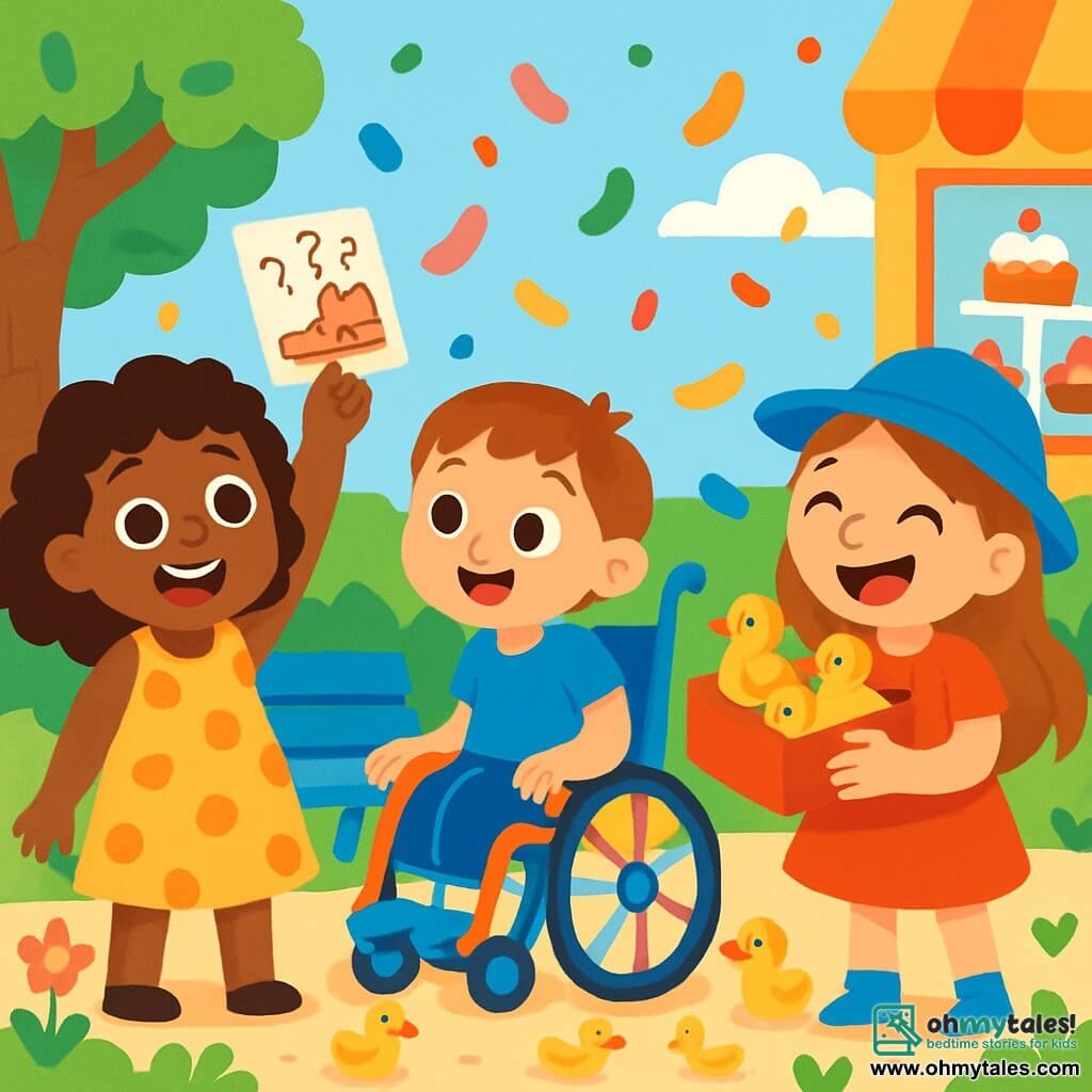 There are three characters: Ada, a 7-year-old girl with curly hair and a big smile, wearing a yellow polka dot dress and holding a small piece of paper with mysterious writing on the left; Bea, a dynamic 6-year-old girl in a colorful wheelchair, with short hair and a blue t-shirt, in the center looking at Ada with sparkling eyes of excitement; and Cleo, a 7-year-old girl wearing a blue hat and having long hair, on the right, laughing and holding a small box filled with rubber ducks. The setting is a sunny park filled with colorful flowers, large trees with shiny green leaves, and a blue bench under which a curious little rodent is hiding. In the background, there is a bakery with tempting cakes in the window. The main scene shows the three girls searching for a "secret shoe" in the park, surrounded by falling confetti and rubber ducks scattered around them. The girls are joyful, laughing together, with colorful jelly beans appearing around them, adding a magical and humorous touch to the scene.