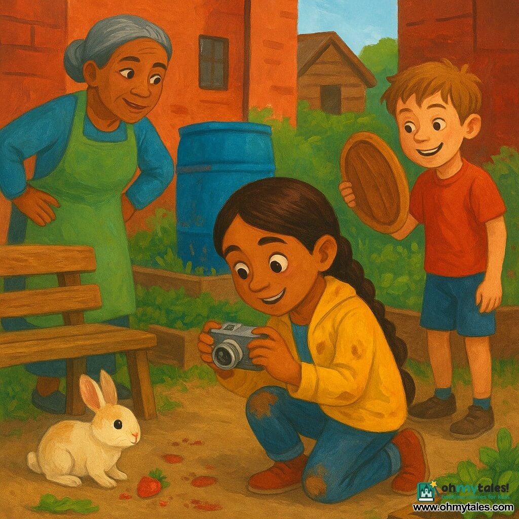 An 8-year-old girl, Maya, kneeling on soil, focused and joyful with brown braided hair, a dirt-stained yellow jacket and scraped knees, points a small silver camera at the bench; an 8-year-old boy, Leo, smiling and mischievous with light brown tousled hair, stands to the right slightly behind her holding a wooden basket lid like a shield; Mrs. Patel, about 50, copper-skinned with gray hair in a bun wearing a green apron, leans in from the left with a hand on her hip watching kindly; a small white-and-beige rabbit with a dusty nose sits under the bench near strawberry bits and a crumpled lettuce leaf; the setting is a compact urban garden between red brick buildings with wooden planters, a worn bench, a corrugated shed roof, a large blue water barrel with red marks, a lettuce bed and a low wooden fence with a hole hidden by basil; main action: Maya photographing strawberry traces and small prints near the bench, Leo about to close the basket, Mrs. Patel calmly observing and the rabbit guilty but endearing, in soft late-morning light with vivid colors and gouache-like textures.