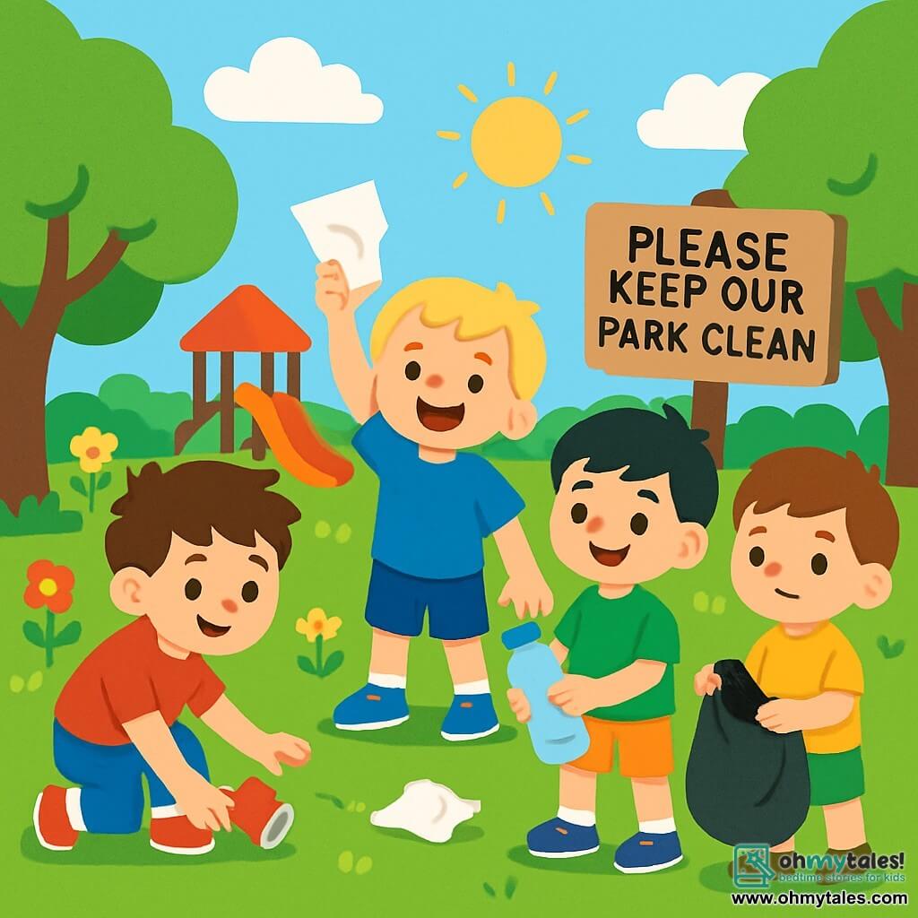 There are four children: Tom, a 6-year-old boy with messy brown hair and a red t-shirt, is on the left, smiling as he picks up a can from the ground. Ben, a 5-year-old boy with blonde hair and blue shorts, is in the center, holding up a piece of paper with a big smile. Max, a 6-year-old boy with black hair and a green t-shirt, is on the right, holding a plastic bottle he just found. Leo, a 5-year-old boy with brown hair and a yellow t-shirt, is slightly behind, holding a plastic bag with a determined look. The setting is a sunny park filled with tall green trees, colorful flowers, and a wooden playground. The sky is blue with fluffy white clouds, and a wooden sign reads "Please keep our park clean." The main scene shows the four boys enthusiastically cleaning the park, each picking up litter. They are surrounded by laughter and joy, and the park shines with cleanliness due to their efforts.