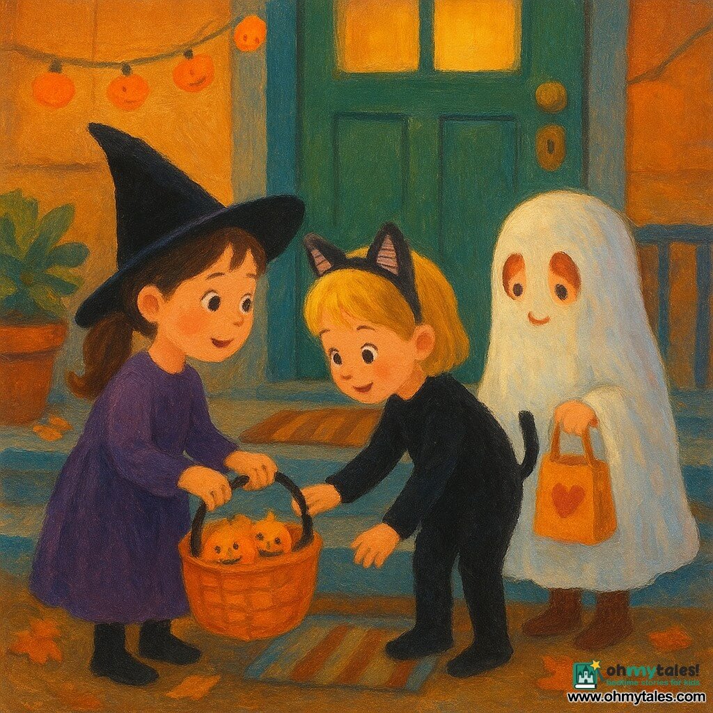 Three girls, about 6: Mia, brown hair in pigtails wearing a tall black witch hat and purple dress, left, holding an orange basket handle and looking toward the door with wonder; Zoe, short blonde hair with striped fabric cat ears and a small black tail, center, in a black paw costume leaning toward the basket with one hand on Mia's sleeve; Lily, red hair in braids wearing a small ghost sheet with eye holes, right, slightly back, shyly smiling and holding an orange bag with a red heart. On a worn wooden doorstep at twilight: a green wooden door with a round doorbell, striped welcome mat, pumpkin string lights on the railing, potted plant, brown autumn leaves on the steps and warm light from a window. The girls lean over a small black basket on the mat labeled "For the Treat Bag Team" to read a note and find paper mini pumpkins inside, expressions of gentle surprise and joy; warm colors (oranges, purples, greens), acrylic-paint textures, clean lines and rounded shapes suitable for children.
