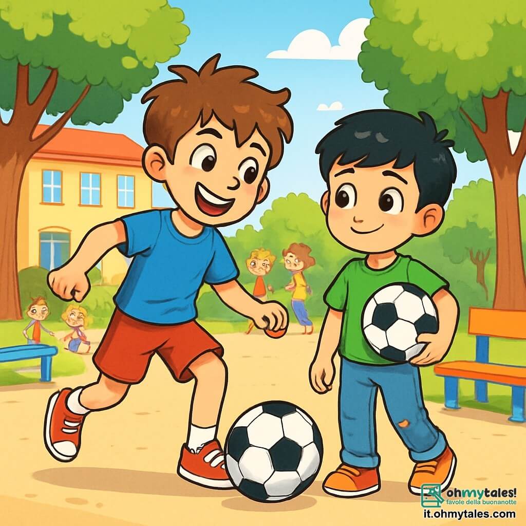 Un ragazzo di 10 anni, Tommaso, con i capelli castani disordinati e un grande sorriso caloroso, gioca a calcio in un cortile scolastico soleggiato. Indossa una maglietta blu e un pantaloncino rosso, e il suo viso esprime gioia ed eccitazione. Accanto a lui, Amir, un ragazzo di 10 anni con capelli neri e occhi brillanti, guarda con meraviglia, tenendo un pallone da calcio sotto il braccio. Amir indossa una maglietta verde e jeans usurati, e sembra sia felice che un po' timido. La scena si svolge in un cortile scolastico animato, circondato da grandi alberi verdi e panchine colorate, con bambini che ridono e giocano sullo sfondo. La situazione principale mostra Tommaso e Amir mentre si passano il pallone, i loro volti illuminati dall'amicizia e dalla camaraderie, simboleggiando la gioia di stare insieme nonostante le loro differenze.