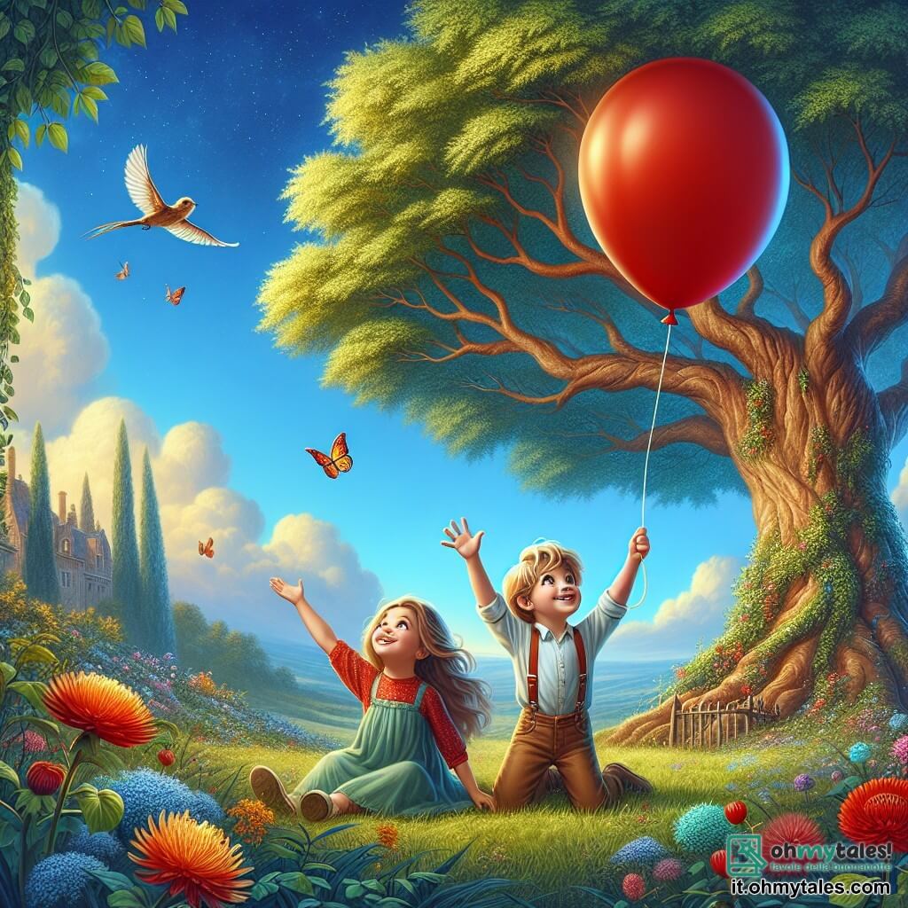 In un mondo incantato, due bambini giocano insieme: Luca, un ragazzo di 6 anni con capelli dorati e occhi scintillanti, sta lanciando un grande pallone rosso verso il cielo. Accanto a lui, Sara, una ragazza di 6 anni con lunghi capelli castani e occhi blu come il cielo, lo incoraggia con un grande sorriso, alzando le braccia. Si trovano sotto un maestoso albero dalle foglie verdi brillanti, il cui tronco è largo e nodoso, creando un'ombra dolce sul terreno. Il cielo è di un blu profondo, punteggiato da alcune nuvole bianche e soffici, e fiori colorati sbocciano intorno a loro, aggiungendo un tocco di magia alla scena. Luca e Sara, meravigliati, guardano il pallone rosso che si alza in aria, seduti sull'erba, riflettendo sull'importanza di giocare e riposarsi, circondati dalla bellezza della natura.