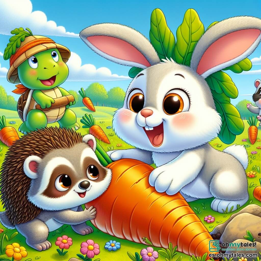 Un pequeño conejo llamado Pepito, con grandes orejas y un pelaje blanco y suave, salta alegremente en un campo soleado, sonriendo y con los ojos brillantes de emoción. A su lado, Roco, un erizo con púas marrones y un aire un poco preocupado, intenta empujar una enorme zanahoria con sus pequeñas patas. Lulú, una tortuga verde con un bonito sombrero de hojas, observa sonriendo, sentada sobre una piedra, mientras Tito, un pequeño mapache gris de ojos vivos, corre a su alrededor riendo, sosteniendo una pequeña pala de madera. El campo está lleno de flores coloridas, grandes zanahorias que sobresalen de la tierra y un cielo azul brillante. La escena principal muestra a Pepito y sus amigos en plena acción, tratando de desenterrar una zanahoria gigante, con expresiones de alegría y camaradería en sus rostros.