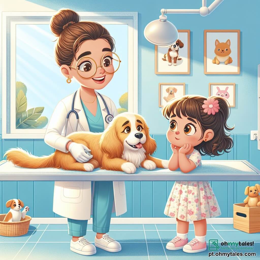 Dra. Ana é uma veterinária de cerca de trinta anos, com longos cabelos castanhos presos em um coque e óculos redondos. Ela usa um jaleco branco brilhante e exibe um sorriso caloroso, demonstrando seu amor pelos animais. Ela está preparando uma operação em um cachorro, Pipoca, um adorável cãozinho de pelos dourados, que está deitado em uma mesa de exame, olhando para Dra. Ana com confiança. Sofia, uma menina de 8 anos, está ao lado de Dra. Ana. Ela tem grandes olhos brilhantes e cabelos cacheados, vestindo um vestido colorido com estampas de flores. Ela observa atentamente, com as mãos no queixo, fascinada pelo trabalho da veterinária. A cena ocorre em uma clínica veterinária iluminada e colorida, com paredes pintadas de azul pastel e cartazes de animais sorridentes. Brinquedos para animais estão espalhados pela sala, e uma grande janela deixa entrar a luz do sol, iluminando o espaço. A situação principal mostra Dra. Ana preparando Pipoca para sua operação, com Sofia ao seu lado, admirada pelo processo. A atmosfera é suave e reconfortante, cheia de amor e cuidado pelos animais.
