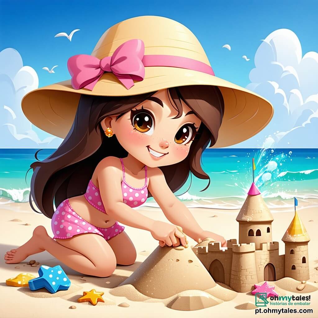 Uma menina de 6 anos, Sofia, com longos cabelos castanhos e olhos brilhantes de alegria, está construindo um castelo de areia na praia. Ela usa um maiô rosa de bolinhas e um chapéu de sol amarelo. Seu rosto irradia excitação e felicidade. Ao lado dela, seu pai, um homem na casa dos 30 anos com uma barba leve e uma camiseta azul, a ajuda a moldar o castelo, sorrindo orgulhosamente ao olhar para sua filha. Mais adiante, sua mãe, uma mulher na casa dos 30 anos com cabelos castanhos, tira fotos com uma câmera, capturando os momentos felizes da família. A cena acontece em uma praia dourada, com ondas suaves que lambem a costa. O céu é de um azul vibrante, com algumas nuvens brancas fofas. Crianças brincam ao longe, e pipas coloridas dançam ao vento. Sofia, concentrada e alegre, adiciona conchas ao seu castelo de areia, enquanto seu pai lhe mostra como fazer torres. A atmosfera é cheia de risos e calor de verão, criando uma sensação de férias inesquecíveis.
