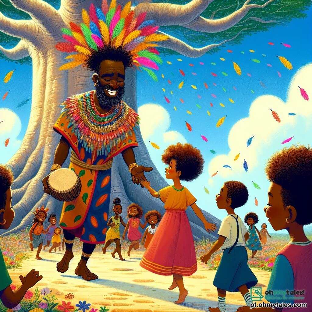 No centro da imagem, Kofi, um homem africano de cerca de cinquenta anos, está de pé com um grande sorriso acolhedor. Ele usa um chapéu colorido adornado com penas vivas que dançam ao vento. Sua pele é de um tom marrom rico, e seus olhos brilham com sabedoria e bondade. Ele estende a mão para um grupo de crianças que o cercam, convidando-as a segui-lo com entusiasmo. Entre as crianças, uma menina de cerca de 8 anos, com cabelos crespos e cacheados, usa um vestido de tecido tradicional com padrões coloridos. Ela olha para Kofi com admiração, os olhos brilhando de excitação. Ao lado dela, um menino de 10 anos, com cabelos trançados, sorri amplamente, segurando um tambor de madeira, pronto para tocar uma melodia alegre. A cena acontece perto de um grande baobá, majestoso e antigo, cujas raízes se estendem como braços protetores ao redor deles. O céu é de um azul brilhante, salpicado de nuvens brancas fofas, e o chão está coberto de flores coloridas que florescem sob o sol. Kofi e as crianças caminham juntos em direção à caverna mágica, onde esperam encontrar o espírito Nyame. A atmosfera está cheia de expectativa e alegria, enquanto se preparam para resolver o mistério das cores desaparecidas.
