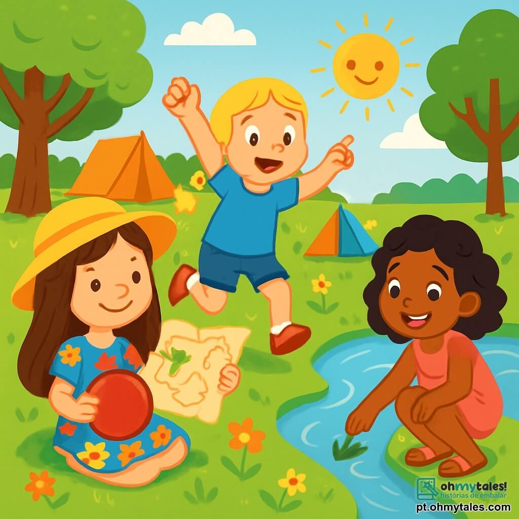 Há 3 personagens: Ana, uma menina de 5 anos com longos cabelos castanhos, usando um chapéu de sol amarelo e um vestido colorido com flores, sentada na grama, sorrindo e segurando um balão vermelho; Sofia, uma menina de 5 anos com cabelos loiros trançados, vestindo uma camiseta azul e um short jeans, em pé, pulando de alegria com os braços levantados; e Mariana, uma menina de 5 anos com cabelos negros e cacheados, usando um vestido rosa e sandálias, agachada, recolhendo folhas à beira do lago, com um grande sorriso. O cenário é um parque ensolarado, com árvores verdes e frondosas, um lago cintilante refletindo os raios de sol, e tendas coloridas montadas na grama. Flores silvestres de cores vivas estão espalhadas pelo chão, e crianças brincam alegremente ao redor. A situação principal mostra as três amigas brincando juntas, rindo e se divertindo enquanto participam de uma caça ao tesouro. Ana segura um mapa do tesouro, Sofia aponta para uma direção empolgante, e Mariana observa com curiosidade, cercadas por uma atmosfera festiva e alegre.