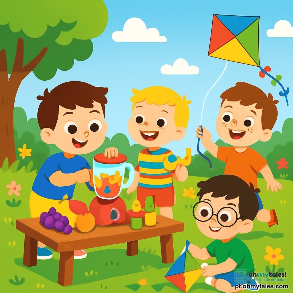 Há 4 crianças: João, um menino de 3 anos com cabelo castanho e olhos brilhantes, vestindo uma camiseta azul e um short amarelo, está misturando frutas para fazer picolés. Lucas, também de 3 anos, com cabelo loiro e um grande sorriso, usa uma camisa listrada colorida e um short vermelho; ele segura uma banana e observa João com entusiasmo. Tiago, outro menino de 3 anos com cabelo negro e óculos redondos, veste uma camiseta verde e um short azul; ele está sentado no chão, colando pedaços de papel para fazer uma pipa. André, igualmente de 3 anos, com cabelo castanho e sardas, usa uma camiseta laranja e um short estampado; ele está em pé segurando uma pipa colorida que voa ao vento. O cenário é um jardim ensolarado, cheio de flores coloridas e árvores verdes, com uma grande mesa de madeira no centro, coberta de frutas frescas e copos de plástico. O céu é azul brilhante com algumas nuvens brancas fofas. As crianças estão se divertindo juntas, misturando frutas para fazer picolés e fazendo pipas, rindo e compartilhando momentos de alegria na beleza da natureza de verão.