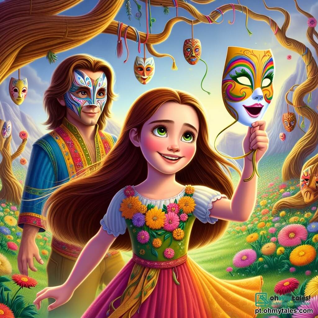 Clara, uma menina de 10 anos, está no centro da imagem, com longos cabelos castanhos ao vento. Ela usa um vestido colorido com flores e sorri radiante, com os olhos brilhando de maravilha enquanto retira uma máscara de papel do rosto, revelando uma expressão de alegria e liberdade. À sua direita, um homem de meia-idade, vestido com uma elegante túnica colorida e usando uma máscara de palhaço, observa Clara com surpresa e admiração. Ele tem cabelos grisalhos e uma barba bem cuidada, parecendo pronto para retirar sua própria máscara, inspirado pela coragem de Clara. O cenário é o Vale das Máscaras, um lugar encantador repleto de cores vivas e flores exuberantes, com árvores majestosas e máscaras coloridas penduradas nos galhos, criando uma atmosfera mágica e misteriosa. Clara, no meio desse vale vibrante, está libertando seu verdadeiro rosto ao retirar sua máscara, incentivando os outros ao seu redor a fazer o mesmo, simbolizando a busca pela autenticidade e pela verdade.