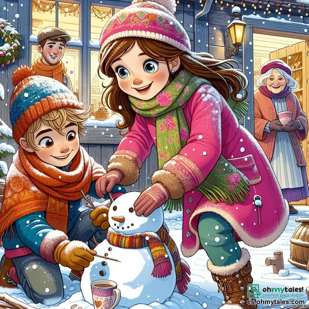 Una niña de 11 años, Clara, con largos cabellos castaños y ojos brillantes de curiosidad, está construyendo un muñeco de nieve en una calle nevada. Lleva un abrigo rosa brillante, una bufanda colorida y guantes de lana, y su rostro irradia alegría y emoción. A su lado, un niño de 10 años, Lucas, con cabello rubio despeinado y una sonrisa traviesa, la ayuda a dar forma al muñeco de nieve. Viste una chaqueta azul y un gorro rojo, riendo mientras lanza una bola de nieve amistosa hacia Clara. En el fondo, una anciana, la vecina Rosa, de 70 años, los observa con una sonrisa benevolente, sosteniendo una taza de chocolate caliente humeante. Está envuelta en un chal colorido y se encuentra cerca de su puerta, rodeada de decoraciones invernales brillantes. La escena transcurre en un encantador pueblo, donde las casas de madera están cubiertas de nieve y luces festivas brillan en las ventanas. Copos de nieve caen suavemente del cielo, creando una atmósfera mágica y alegre. Clara y Lucas dan vida a su muñeco de nieve, añadiendo botones de piedra y una zanahoria para la nariz, riendo y divirtiéndose juntos.