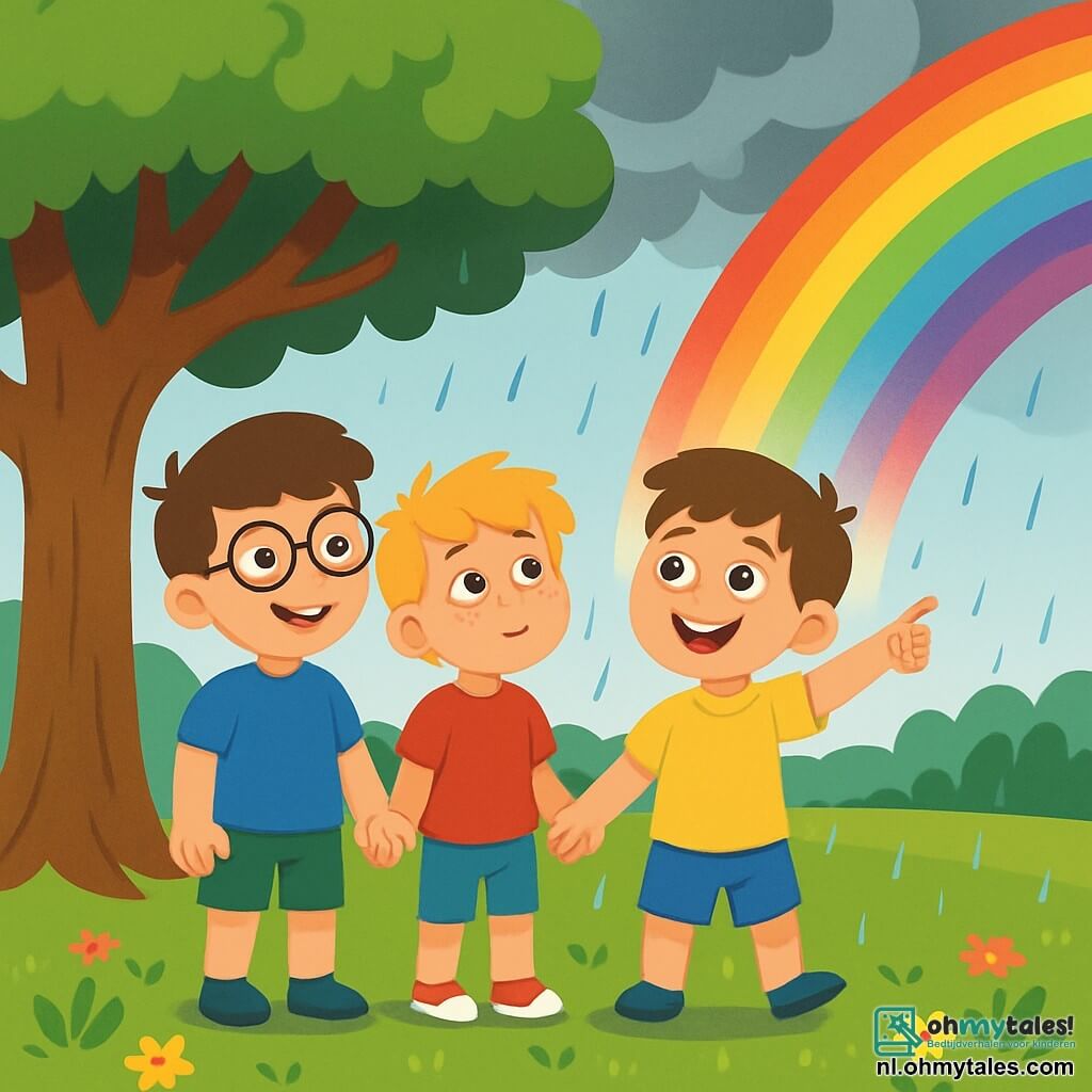 Er zijn 3 personages: - Sam: een 8-jarig jongetje met kastanjebruin haar en ronde brillen. Hij draagt een blauwe t-shirt en een groene short. Hij staat onder een grote boom, glimlachend en hand in hand met Lucas. - Lucas: een 7-jarig jongetje met wild blond haar en sproeten. Hij draagt een rode t-shirt en korte broek. Hij staat een beetje op de achtergrond, kijkend naar de donkere wolken met een nieuwsgierige uitdrukking. - Tijn: een 8-jarig jongetje met bruin haar en sprankelende ogen. Hij draagt een gele t-shirt en een spijkerbroek. Hij staat voor Sam en Lucas en wijst naar de lucht waar een prachtige kleurenregen verschijnt. De scène speelt zich af in een groene weide, bezaaid met kleurrijke bloemen, onder een bewolkte lucht waar donkere wolken samenkomen. In de verte zijn er zachte heuvels en een groene bos te zien. De regendruppels beginnen te vallen, wat kleine spetters op de grond creëert. De belangrijkste situatie toont de drie vrienden onder de boom, Sam die Lucas geruststelt, die een beetje bang is voor onweer, terwijl Tijn, vrolijk, wijst naar de regen die begint te veranderen in een mooie kleurenregen, wat de komst van een prachtige regenboog aankondigt.