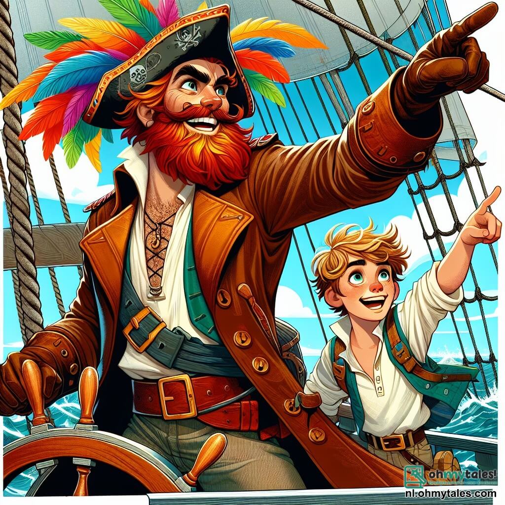 De hoofdpersoon, Kapitein Joris Vuurhart, is een man van ongeveer dertig jaar met een vurig rode baard en sprankelende ogen vol opwinding. Hij draagt een piratenhoed versierd met kleurrijke veren en een versleten leren jas, terwijl hij stevig het roer van zijn schip, de Zwarte Draak, vasthoudt met een grote glimlach, klaar om het avontuur aan te gaan. Naast hem staat Finn, een tienjarig jongetje met verward blond haar en een vastberaden blik. Hij staat op het dek en wijst enthousiast naar de horizon, met zijn armen omhoog alsof hij de wolken kan aanraken. Op de achtergrond past Marieke, een sterke jonge vrouw van in de twintig, de zeilen van het schip aan, met haar bruine haar dat in de wind waait. Ze draagt een witte blouse en een canvas broek, met een geconcentreerde uitdrukking op haar gezicht. De illustratie speelt zich af op het dek van de Zwarte Draak, dat over een kalme zee vaart, met glinsterende golven onder een helderblauwe lucht met enkele witte wolken. Het schip is versierd met kleurrijke vlaggen en op de horizon zijn groene eilanden te zien. De belangrijkste situatie toont Kapitein Joris en Finn, opgewonden en klaar voor avontuur, terwijl ze zich voorbereiden om een mysterieuze eiland in de verte te ontdekken, vol beloftes van schatten en geheimen om te verkennen.