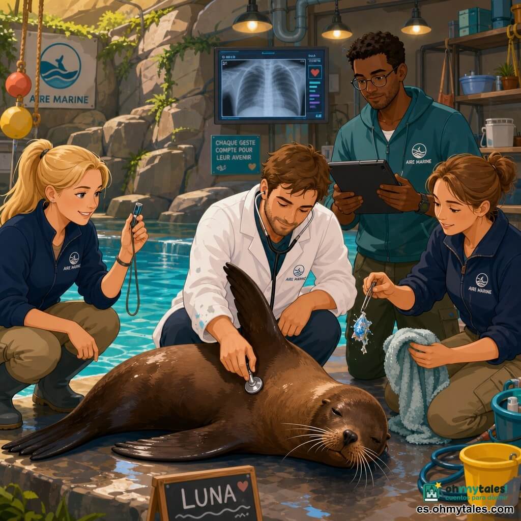 Un veterinario de unos treinta años, rostro suave y concentrado, agachado y escuchando el tórax de la lobo marino Luna con un estetoscopio; Julia, cuidadora de unos 28 años, a la izquierda junto al borde de la piscina, sonriente y atenta, agitando un silbato; Nerea, cuidadora de unos 26 años, a la derecha, con el pelo recogido, sostiene una pequeña manta húmeda y muestra un trozo de plástico encontrado; Óscar, cuidador de unos 32 años y gafas finas, está detrás anotando en una tableta; Luna, pelaje marrón brillante y bigotes blancos, yace sobre una plataforma húmeda junto a una piscina turquesa, con respiración lenta y una aleta levantada para cooperar; escenario: área marina del zoo con rocas artificiales, tuberías y cubos, luces cálidas suspendidas y un cartel educativo sobre mamíferos marinos; examen clínico tranquilo y colectivo con gestos delicados, instrumentos simples y una radiografía borrosa del tórax en una pantalla; estilo: colores planos y vivos, contornos nítidos, composición clara y empática, fondo marino detallado pero sin sobrecarga.
