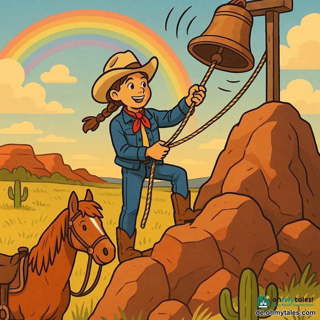 Ein etwa 12–14 Jahre altes Cowgirl-Mädchen mit kastanienbraunen Zöpfen, beigem Filzhut, Jeansjacke und rotem Halstuch, entschlossen lächelnd, zieht mit einer Hand an der Seil einer großen bronzenen Glocke auf dem Gipfel eines Felsens; unten steht das fuchsrote Pferd Blitz mit glänzender Mähne und abgenutztem Sattel, Ohren zur Mädchen gerichtet, ruhig und treu; keine weiteren Menschen; Ort: weite, grasige Prärie mit hohen Halmen, einigen Kakteen und roten Felsen, teilweise klarer Himmel mit Regenbogen und vereinzelten Wolken; Szene: Mädchen hat den steilen Felsen erklommen, Arm zum Läuten erhoben, Schall durch wellige Linien angedeutet, warme Abendsonne vergoldet die Konturen; grafischer Stil: europäischer Comic, klare Striche, satte Farben, einfache Texturen, kindgerechte sanfte Ausdrücke, zentrierte Komposition, abenteuerliche und beruhigende Stimmung.