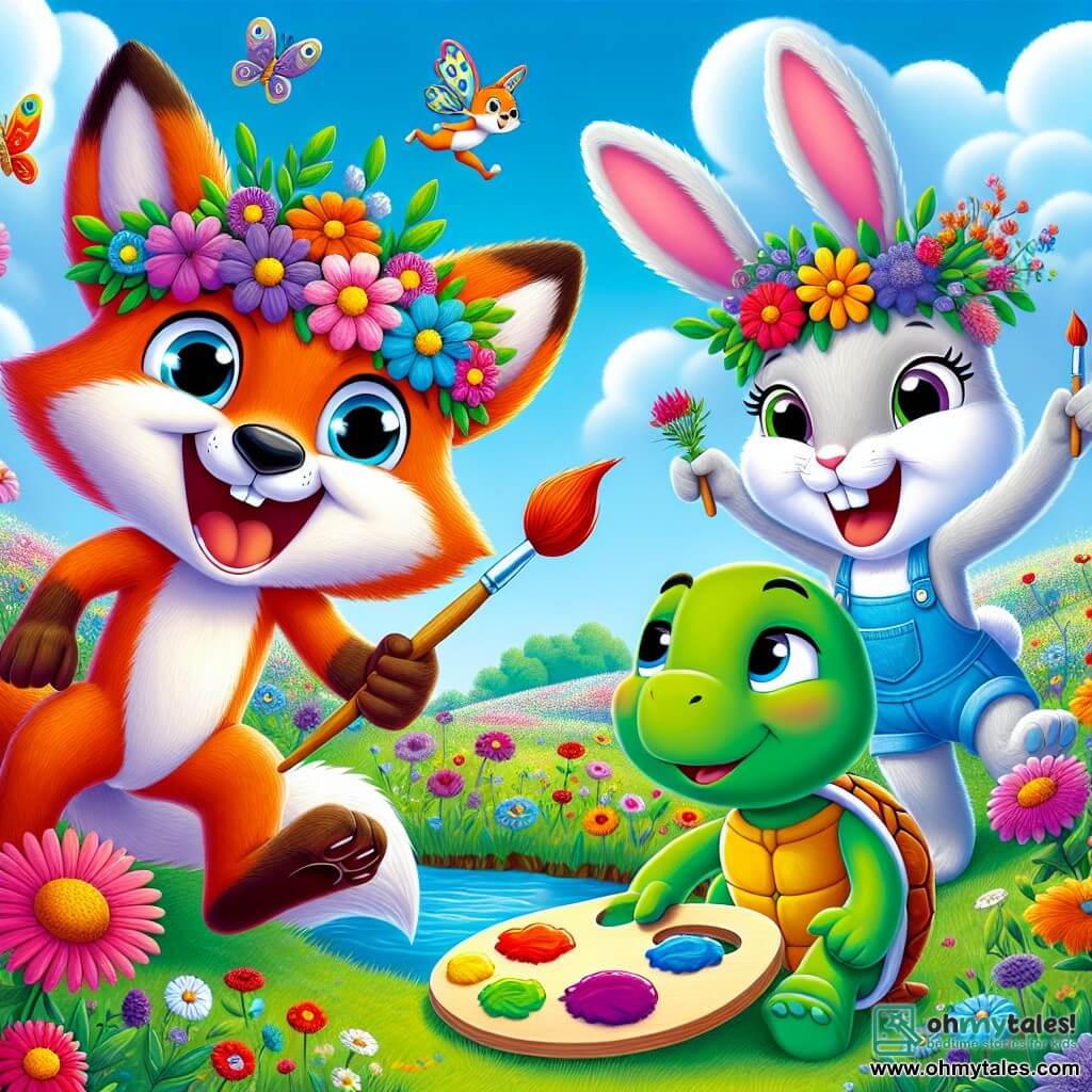 Freddy the fox, with his bright red fur and sparkling joyful eyes, is sitting in a field of wildflowers, wearing a colorful flower crown on his head. He has a wide smile, ears perked up, holding a brush made of twigs. Next to him, Bella the rabbit, with her white fur and large ears, is joyfully hopping, holding a palette made of berries. She has a big smile on her face, full of enthusiasm. Timmy the turtle, with his green shell and gentle eyes, is sitting by a stream, painting a picture of flowers in bright colors, looking focused and happy. The scene is a beautiful sunny field filled with multicolored flowers, under a clear blue sky and fluffy white clouds. The main situation shows friends creating art together, laughing and having fun in the beauty of nature.