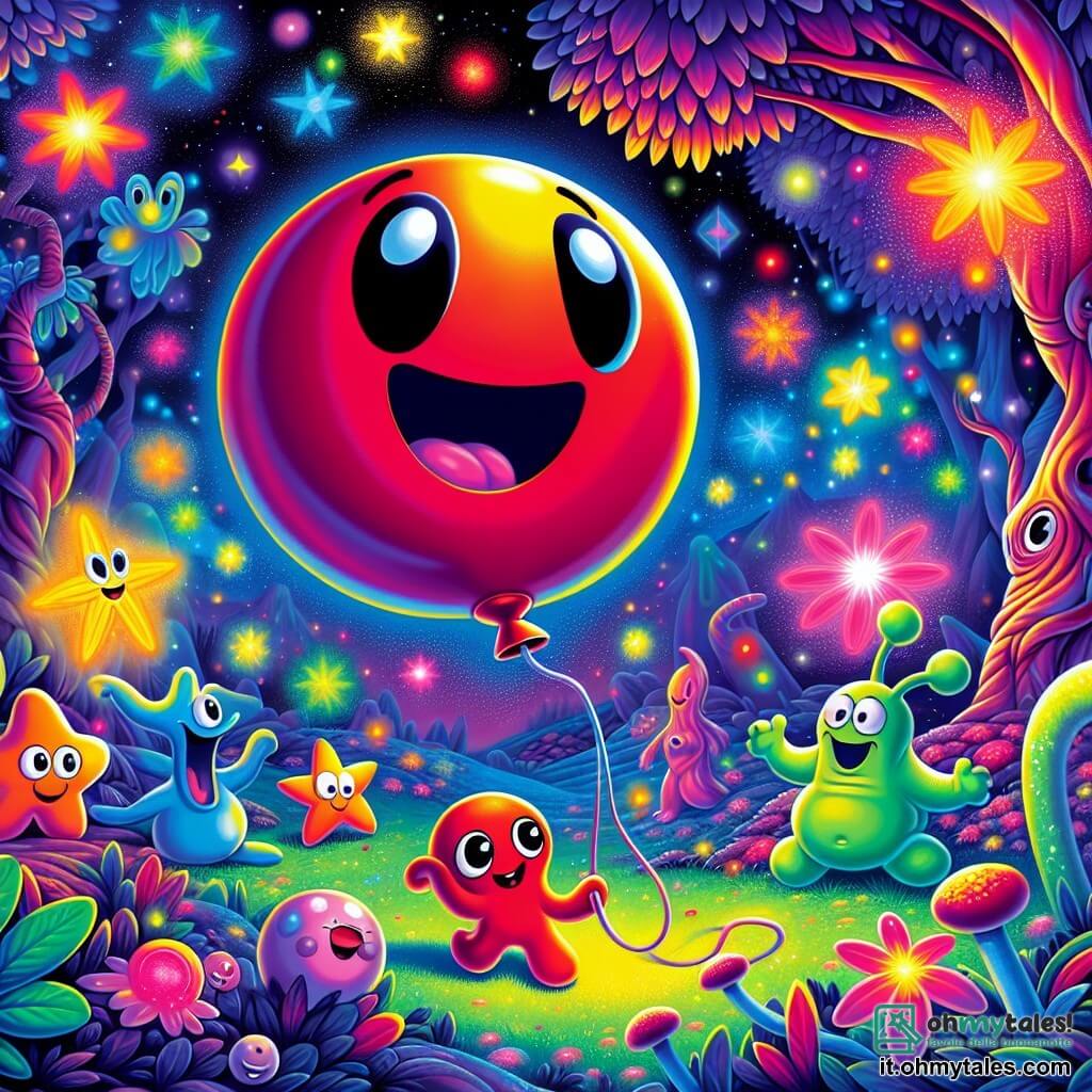 Globby, un adorabile palloncino di elio rosso, fluttua gioiosamente nell'aria, con un grande sorriso sul suo viso tondo e occhi brillanti di eccitazione, mentre osserva un gruppo di alieni colorati. Zippy, un piccolo alieno verde con otto braccia e una testa a forma di stella, ride giocando con luci scintillanti, mentre Blip, una creatura blu con occhi rotondi e un corpo paffuto, danza felicemente accanto a lui, entrambi pieni di gioia contagiosa. La scena si svolge sul pianeta Zoltar, un mondo vibrante e luminoso, dove alberi slanciati con foglie fluorescenti si ergono verso un cielo stellato, e fiori multicolori emettono dolci bagliori. Al centro di questa illustrazione, Globby e i suoi amici sono riuniti attorno a un grande albero luminoso, celebrando la loro vittoria contro il malvagio Capitano Krash, con lampi di luce e colori brillanti che illuminano la scena.