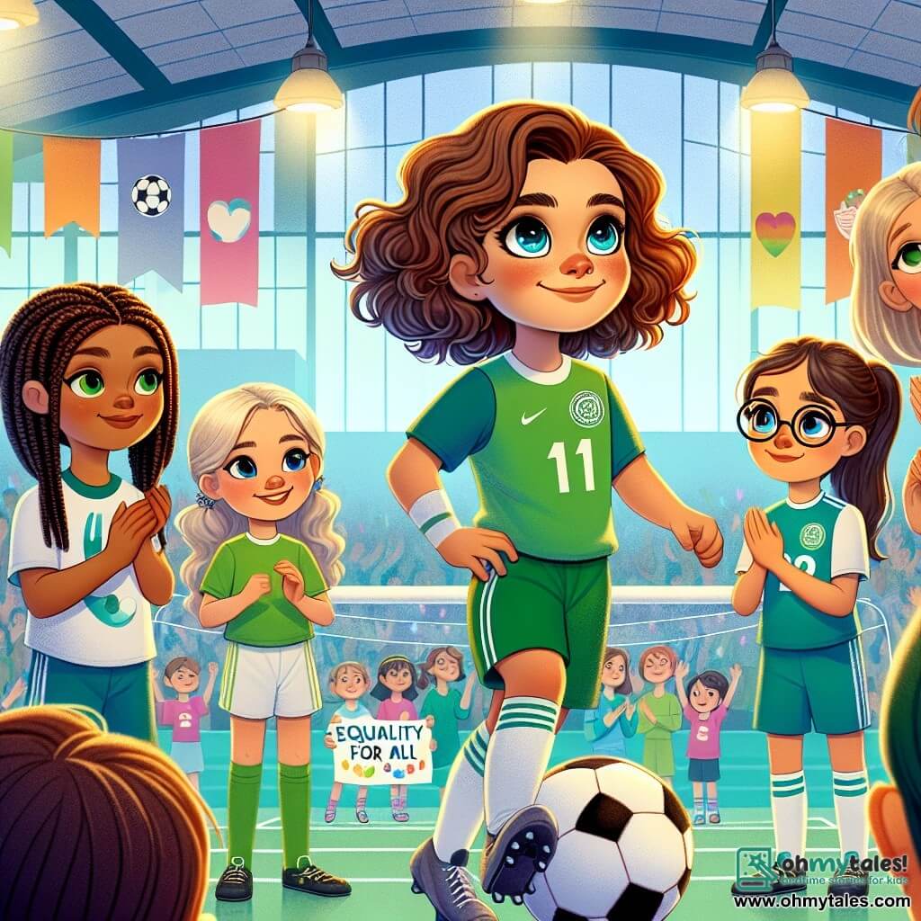 An 11-year-old girl, Mia, stands in the center of the image with curly brown hair and sparkling eyes full of determination. She wears a green soccer jersey and shorts, with a confident smile on her face as she dribbles a soccer ball. To her right, her best friend Lily, also 11, with round glasses and braided blonde hair, encourages her with a big smile, holding a colorful sign that says "Equality for All." On the left, Amelia, a 12-year-old girl with long, smooth hair, looks at Mia with a mix of admiration and respect, realizing the importance of equality. The setting is a bright gymnasium filled with colorful banners and balloons, with students of all ages gathered around, applauding and supporting the players. The scene radiates camaraderie and joy, celebrating gender equality through sports. In the center of the action, Mia prepares to shoot at the goal, symbolizing courage and determination to break stereotypes.