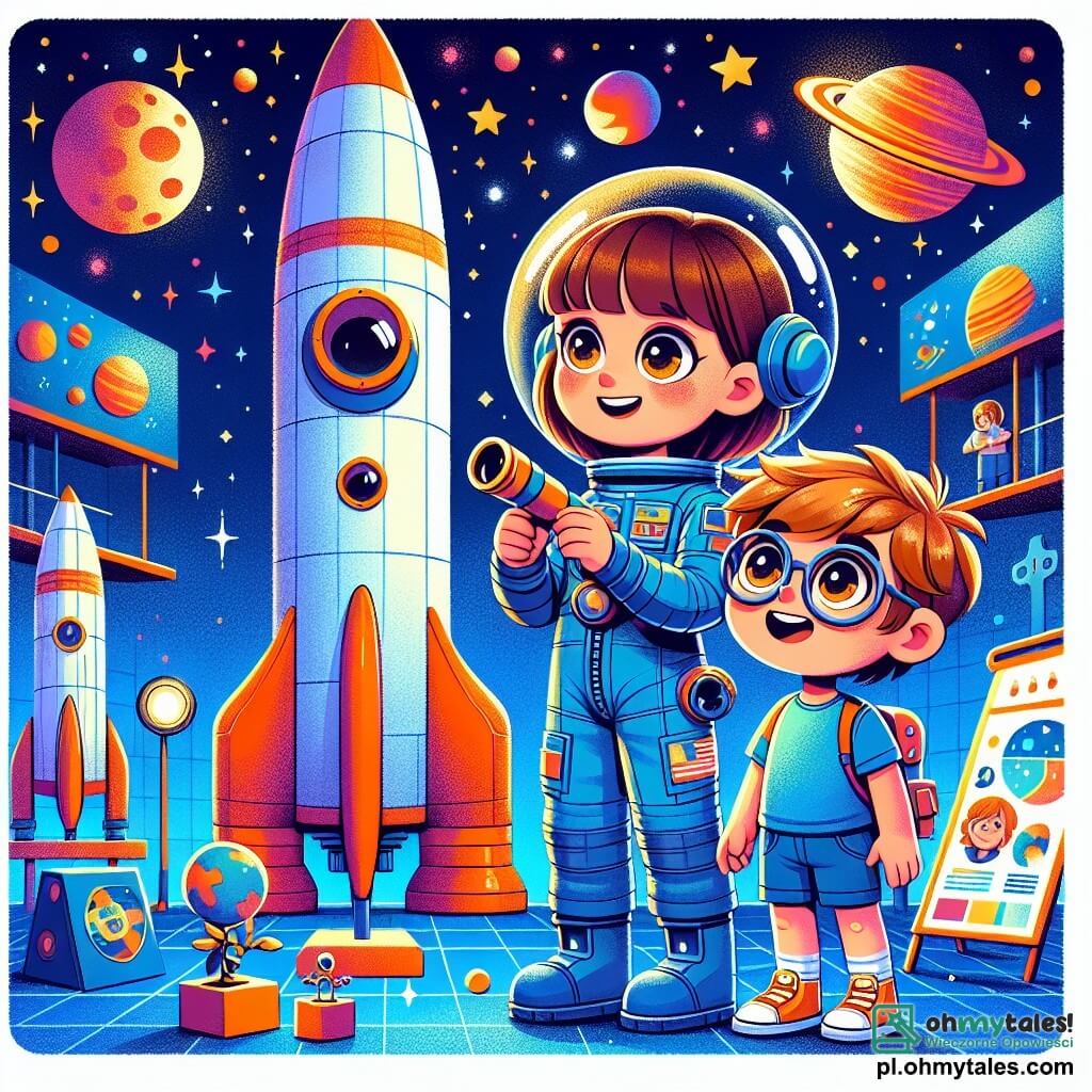 Młoda astronautka Ania, z brązowymi włosami i błyszczącymi oczami, nosi błyszczący skafander kosmiczny i z uśmiechem stoi przed dużą kolorową rakietą, trzymając w rękach mały model planety i z zachwytem patrząc w gwiaździste niebo. Obok niej stoi chłopiec Marek, około 8-letni, z rozczochranymi blond włosami i okrągłymi okularami, obserwujący niebo przez teleskop. Ubrany jest w niebieską koszulkę i szorty, uśmiecha się, słuchając Ani, a jego oczy błyszczą z ekscytacji. Sceneria rozgrywa się w centrum treningu kosmicznego, wypełnionym dużymi rakietami, kolorowymi tablicami i modelami planet. Niebo jest głęboko niebieskie, usiane migoczącymi gwiazdami, tworząc magiczną i inspirującą atmosferę. Ania wyjaśnia Markowi cuda kosmosu, marząc razem o przyszłych kosmicznych przygodach w radosnej i odkrywczej atmosferze.