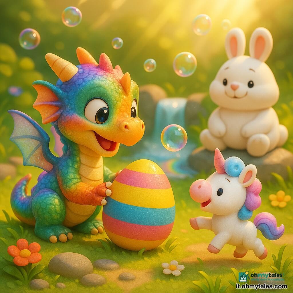 Pippo, un piccolo drago in miniatura dalle scaglie iridescenti e ali traslucide, è inginocchiato davanti a un grande uovo di Pasqua arcobaleno e lo sfiora con la zampa; Lillo, una piccola unicorno giocattolo con criniera rosa e azzurra, salta di gioia indicando una bolla colorata; il Grande Coniglio, una figura di coniglio bianco paffuto, sorride su una pietra vicino a una cascata scintillante. La scena, ai piedi di una cascata che forma un bacino dai riflessi arcobaleno, è circondata da pietre levigate, fiori, fili d'erba, raggi di sole caldi e bolle di sapone multicolori: la scoperta magica dell'uovo e la meraviglia condivisa.