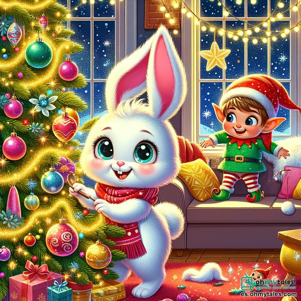 En un salón acogedor, la pequeña conejita Lila, con su pelaje blanco brillante y grandes orejas rosas, sonríe alegremente mientras salta alrededor de un árbol de Navidad brillante. Lleva una pequeña bufanda roja y sus ojos brillan de emoción. Junto a ella, Tillo, el duende travieso, está posado en una rama del árbol. Tiene orejas puntiagudas, un sombrero rojo brillante y una expresión pícara, riendo a carcajadas con ojos chispeantes de travesura. El salón está decorado con guirnaldas doradas, bolas coloridas y luces centelleantes, creando un ambiente festivo y mágico. La escena muestra a Lila y Tillo jugando a colocar las decoraciones de Navidad, riendo y disfrutando, mientras estrellas brillan a través de la ventana, iluminando su aventura festiva.