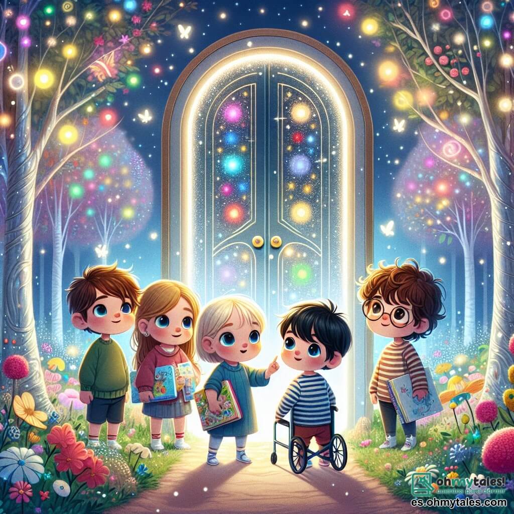 En un jardín mágico, cinco niños están juntos, maravillados por una puerta brillante. Lucas, un niño de tres años con cabello castaño alborotado, observa la puerta con curiosidad. A su derecha, Ana, una niña de ojos azules y cabello rubio, sonríe señalando los colores vivos de la puerta. Junto a ella, Martín, un niño de cabello negro en una silla de ruedas, está listo para lanzarse a la aventura. Sofía, una niña de cabello castaño y gafas redondas, sostiene un libro ilustrado, fascinada por las ilustraciones de la puerta. Por último, Leo, un niño de cabello rizado y camiseta a rayas, se acerca con una gran sonrisa, ansioso por descubrir lo que hay detrás.

El jardín está lleno de flores coloridas que bailan suavemente con el viento, y árboles de troncos plateados susurran palabras dulces. La puerta, adornada con motivos futuristas y luces centelleantes, se erige majestuosamente en el centro, rodeada de burbujas de colores flotantes.

Los niños, de la mano, están listos para cruzar la puerta mágica y explorar el fascinante mundo de Tecnotopia, donde los sueños cobran vida y la magia está en todas partes.