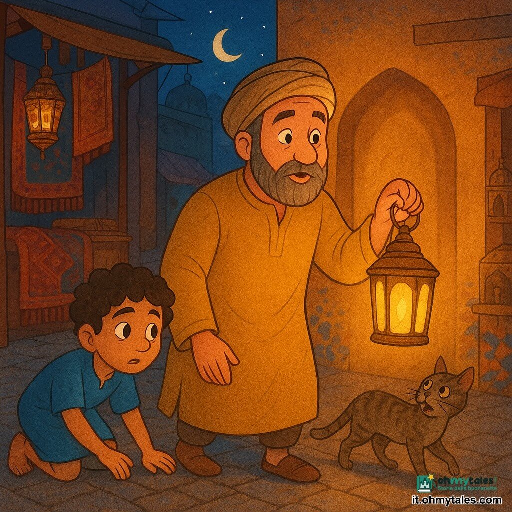 Un uomo chiamato Idris, volto rotondo e barba incanutita, occhi dolci e curiosi, veste una tunica color zafferano e un turbante consumato; tiene in mano una lanterna di rame dalla luce calda e sorridente, è sorpreso ma sereno; a sinistra un ragazzino di circa 8 anni, capelli ricci e pelle oliva, rovista tra i sampietrini cercando qualcosa e guarda la lanterna con speranza; a destra un gatto magro tigrato grigio-bruno si infila vicino alla porta miagolando, attratto dalla luce; la scena è una strada lastricata di un souk notturno in stile Mille e Una Notte con bancarelle in legno, tappeti appesi, lampade traforate, muri ocra e mosaici sotto la luna; momento principale: Idris ha appena acceso la lanterna la cui fiamma canta e proietta sul muro dietro di lui un'ombra nitida a forma di porta invisibile che invita all'avventura; atmosfera visiva: colori caldi (oro, zafferano, granato), contrasti morbidi con ombre bluastri, linee rotonde ed espressive e texture visibili su rame, tessuti e basolato.