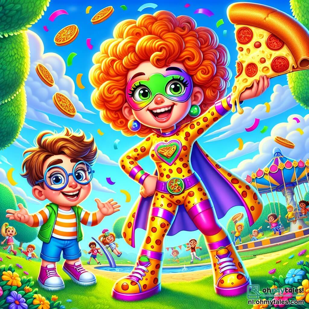 Lila, een vrolijke en sprankelende superheldin, staat in het midden van de afbeelding, met krullend en glanzend haar, gekleed in een kleurrijk kostuum met kaas- en pizzapatronen. Ze glimlacht enthousiast, haar ogen sprankelend van vastberadenheid, terwijl ze een hand opsteekt waar een grote pizza in de lucht zweeft, klaar om gegooid te worden. Naast haar staat Max, een 10-jarig jongen met ronde bril en tousled haar, die lacht terwijl hij een handvol kleurrijke confetti vasthoudt, klaar om te gooien. Hij staat iets naar achteren en toont een uitdrukking van samenzijn en plezier. Op de achtergrond is het park van Funville levendig en zonnig, met bomen met heldergroene bladeren, kleurrijke bloemen en kinderen die op schommels spelen. Fluffy wolken drijven in een heldere blauwe lucht, wat een vleugje magie aan de scène toevoegt. De hoofdactie toont Lila en Max in een komische strijd tegen De Grote Stroopwafel, een buikige schurk, die op een enorme pizza glijdt, omringd door confetti en vliegende snoepjes. Lila, met een ondeugende glimlach, is klaar om haar pizza als wapen te gebruiken, terwijl de schurk, verrast en uit balans, probeert zich te herstellen, wat een dynamische en vrolijke scène creëert.