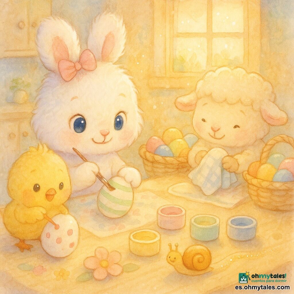 Lila, una pequeña conejita de algodón blanco y mejillas rosadas con grandes ojos azules y un lazo rosa, pinta rayas verdes en un huevo; Pipo, un pollito amarillo y esponjoso, hace puntos rojos en otro huevo; Nube, una ovejita de lana crema, limpia un huevo con un paño de cuadros junto a la cesta; Tito, un caracol con concha dorada, deja un rastro brillante mientras se desliza entre los botes de pintura; todo en una cocina cálida bañada por la luz dorada de la mañana sobre una mesa de madera con mantel y botes de pintura pastel, creando una escena tranquila y luminosa de amigos decorando huevos de Pascua.