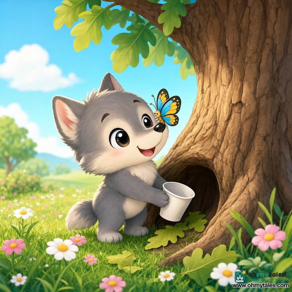 Chibi gray wolf with round bright eyes and a joyful expression delicately holds a white paper cup while a blue-and-yellow butterfly perches on his nose; a textured brown oak with a protected cavity stands on vivid green grass dotted with pink and white flowers under soft morning light and a pale blue sky, as the wolf places the cup into the cavity — a peaceful, cute scene of caring litter-collection.