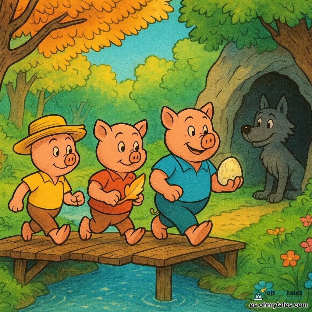 Los Tres Cerditos, con expresiones determinadas y valientes, están representados cruzando un antiguo puente de madera sobre un ancho río centelleante. El cerdito Pequeño, el más pequeño, lleva un sombrero de paja y mira hacia adelante con confianza. El cerdito Mediano, de tamaño medio, sostiene una hoja dorada que brilla suavemente en su mano. El cerdito Grande, el más robusto, luce una sonrisa tranquilizadora y lleva una piedra luminosa. Un lobo solitario, con aspecto amistoso y agradecido, se encuentra en la entrada de la cueva oscura, observando a los cerditos con admiración. El escenario es un bosque mágico, con árboles de follaje resplandeciente y flores de colores vivos que bordean el camino. La escena principal muestra a los cerditos unidos, avanzando juntos hacia la luz, simbolizando su triunfo sobre la maldición de la vanidad.