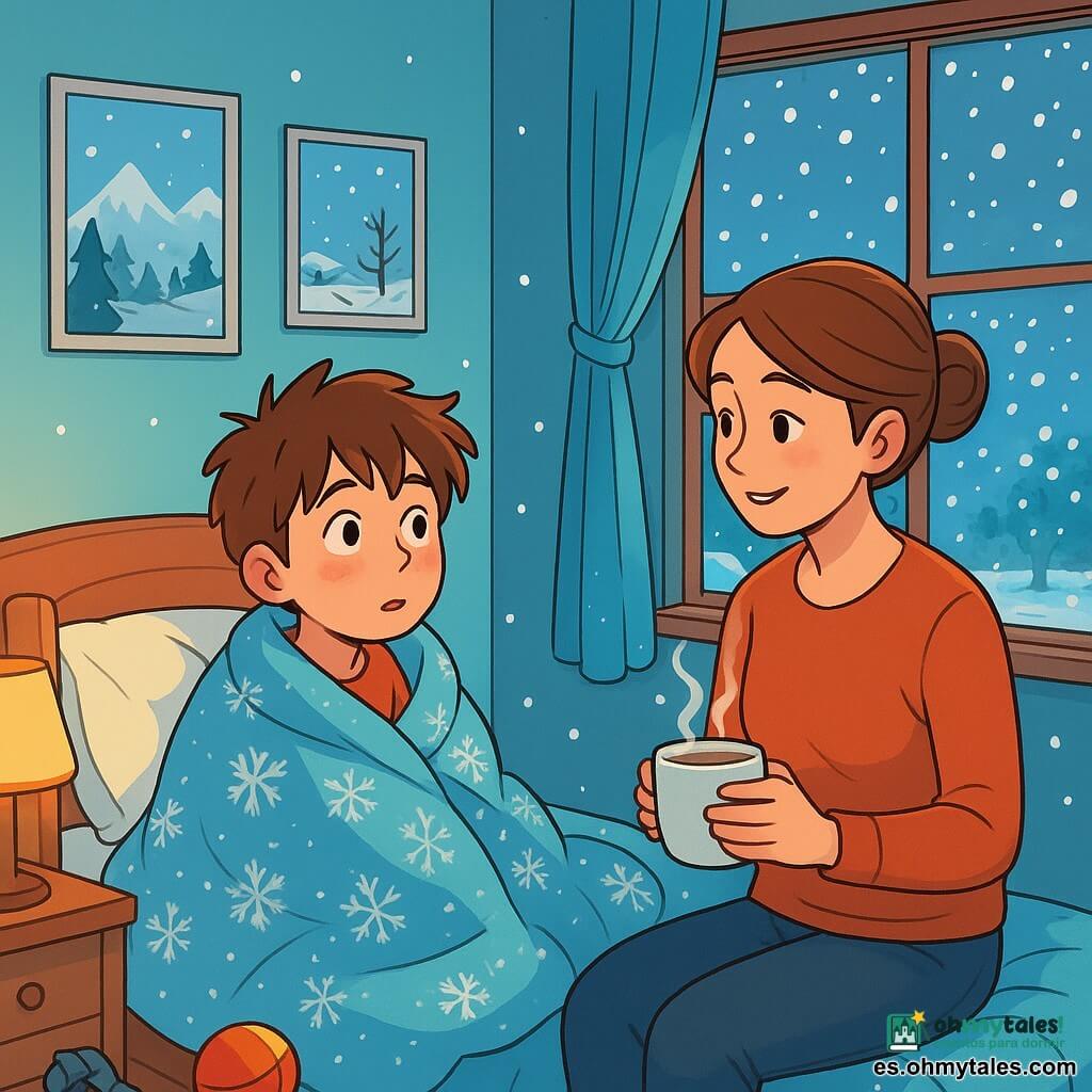 Un chico de 10 años, Lucas, con el cabello castaño desordenado y las mejillas sonrojadas por el frío, está sentado en su cama, envuelto en una suave manta con motivos de copos de nieve. Su mirada es curiosa y maravillada mientras observa la nieve caer por la ventana. A su lado, su madre, una mujer de unos treinta años con el cabello castaño recogido en un moño, sonríe suavemente mientras le sostiene una taza de chocolate caliente, aportando calidez y consuelo. La habitación es luminosa, con paredes pintadas de azul claro, carteles de paisajes invernales colgados y juguetes esparcidos por el suelo. La ventana está empañada, dejando entrever un jardín cubierto con una gruesa capa de nieve brillante bajo la luz de las farolas. Lucas, con una expresión a la vez inquieta y alegre, se pregunta cómo será el mundo mañana, mientras la nieve sigue cayendo suavemente, creando un paisaje de ensueño en el exterior.
