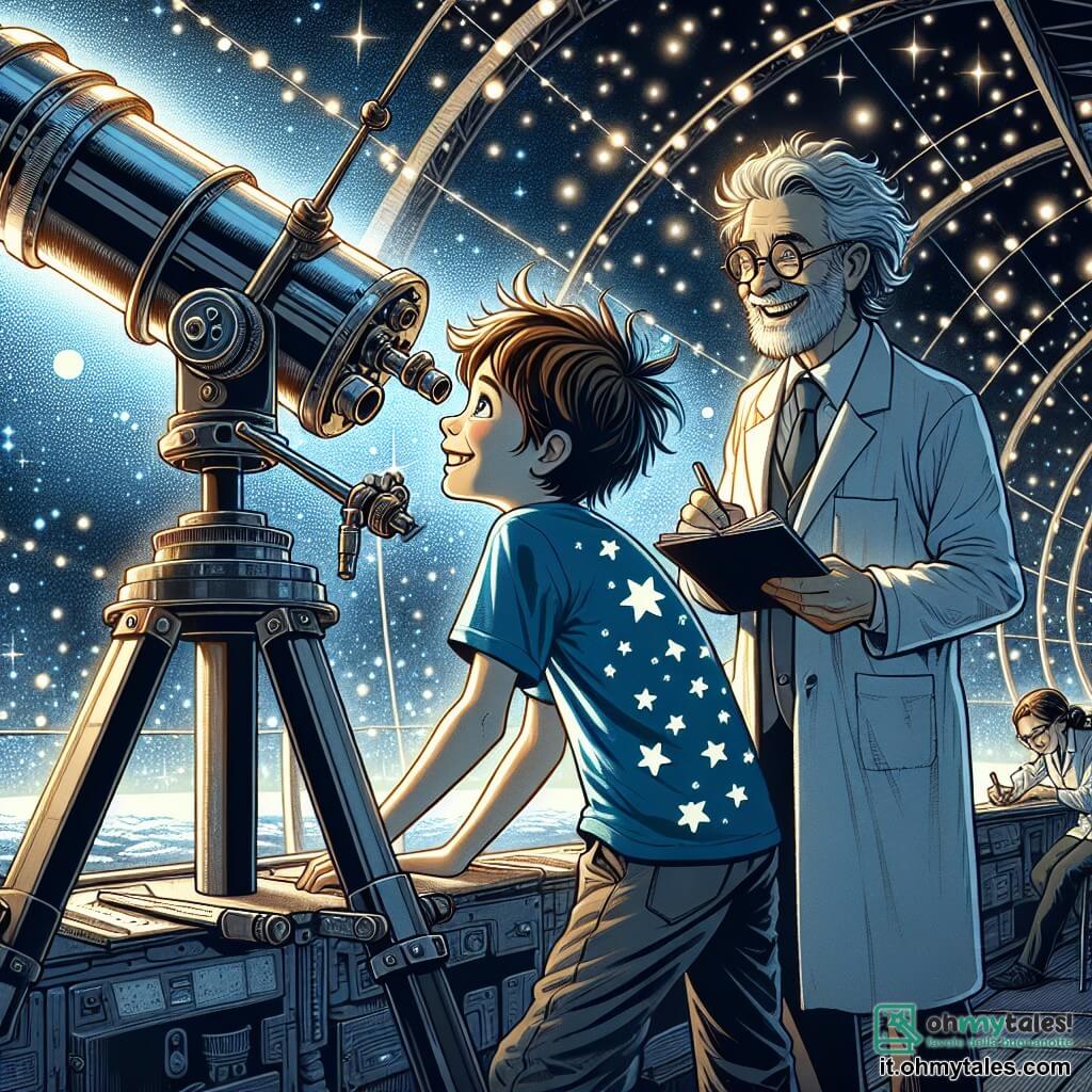 Un ragazzo di 12 anni, di nome Luca, si trova davanti a un grande telescopio, con gli occhi brillanti di meraviglia e curiosità. Ha i capelli castani disordinati, occhiali rotondi e indossa una maglietta blu con stelle bianche. Il suo viso esprime una gioia intensa mentre scruta il cielo stellato, tenendo un taccuino in una mano. Accanto a lui, il Dr. Rossi, un uomo di circa 40 anni con capelli brizzolati e un camice bianco, osserva anch'egli il cielo attraverso un altro telescopio, sorridendo impressionato dalla passione di Luca. Poco più in là, Sara, una giovane donna di 30 anni con capelli lunghi e neri, prende appunti su un tablet, affascinata dalle scoperte di Luca e del Dr. Rossi. La scena si svolge su una piattaforma di osservazione di una stazione spaziale futuristica, circondata da pannelli solari scintillanti e luci lampeggianti. In lontananza, le stelle brillano intensamente in un cielo nero profondo, mentre un pianeta colorato è visibile attraverso un oblò. La situazione principale mostra Luca, eccitato, mentre indica un punto luminoso nel cielo, mentre il Dr. Rossi e Sara si girano verso di lui, incuriositi da ciò che ha scoperto.