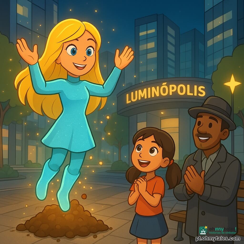 Lumina é uma jovem mulher sorridente e determinada, cabelos longos dourados, vestido cintilante azul-claro e botas luminosas; ela levanta as mãos e faz flutuar um monte de terra em pequenas esferas douradas, rosto doce e confiante, olhos grandes e brilhantes; à sua direita, uma menina de 8 anos de cabelos castanhos em couettes observa maravilhada, pulando com as mãos juntas; atrás dela, um homem de ~40 anos de chapéu e sobretudo cinza aplaude aliviado junto a um banco; a cena ocorre na avenida principal de Luminópolis, cidade futurista com prédios de vidro refletivo, árvores de folhas luminosas e postes em forma de estrela, enquanto os passantes se aliviam e as luzes da rua acendem, atmosfera acolhedora e ligeiramente mágica.