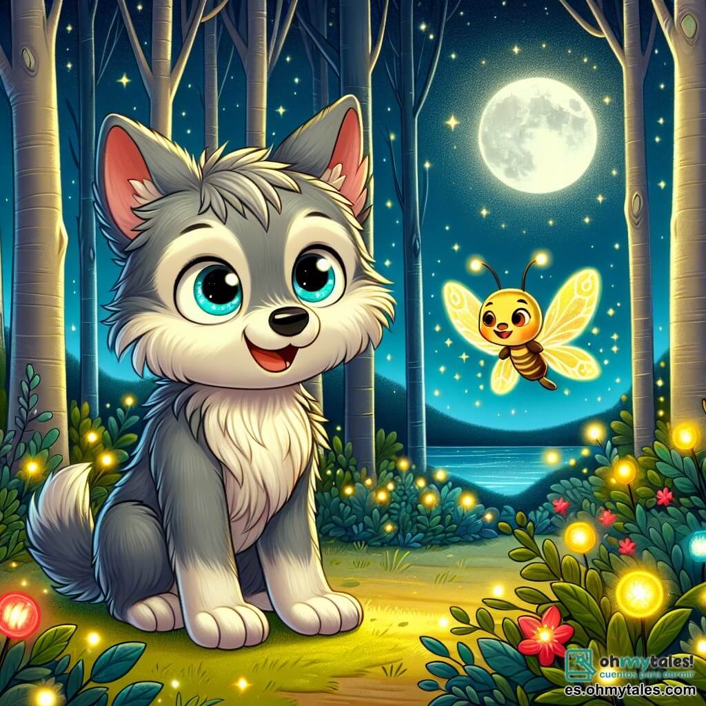 Un pequeño lobo de ojos brillantes y pelaje gris suave, con una expresión de curiosidad y un toque de emoción, está en el centro de la escena, mirando con asombro una luciérnaga centelleante que vuela frente a él. La luciérnaga, pequeña y luminosa, emite una suave luz dorada, flotando alegremente en el aire, mientras sonríe, como si invitara al lobo a seguirla en su aventura nocturna. El escenario es un hermoso bosque nocturno, bañado por la luz plateada de la luna. Los árboles, altos y majestuosos, se alzan a su alrededor, con sus hojas brillantes centelleando como estrellas. Flores nocturnas de colores vivos se abren lentamente, añadiendo un toque de magia al entorno. La situación principal muestra al pequeño lobo superando su miedo a la oscuridad, listo para explorar la belleza oculta de la noche, mientras la luciérnaga lo acompaña en esta fascinante aventura.