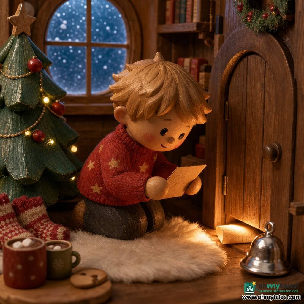 A 4-year-old boy with a round face, rosy cheeks and tousled blond hair, wide-eyed and smiling softly, wears a red wool sweater with star patterns, holds a small kraft-paper note warmed in his hands and leans toward a miniature door; to his left stands a painted wooden Christmas tree with red baubles and gold garlands lit by tiny warm lights, a shiny silver miniature bell sits before the door with a small scroll half sticking out beneath it; the setting is a wooden miniature living room on a table with a white faux-fur rug, a frosted window showing falling snow, dim golden lights, mini cocoa cups and knit stockings by the tree; the main scene focuses on the boy finding the note under the door, soft light on his hands and the parchment, warm magical atmosphere with red, green and gold tones contrasting the cool blue of the snowy window, in a wooden toy diorama style with visible wood and wool textures and soft realistic lighting.