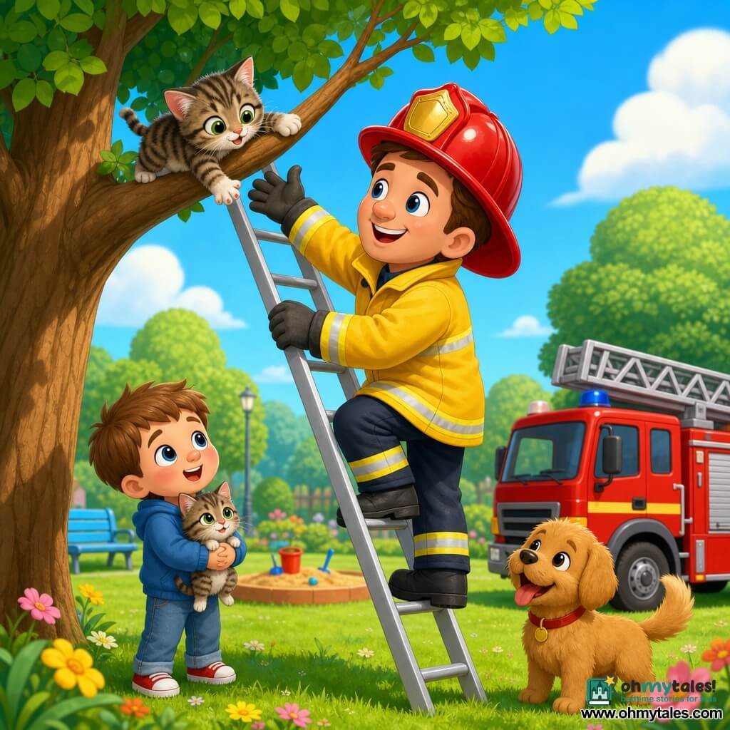 A smiling, reassuring firefighter with a shiny red helmet and yellow reflective jacket gently climbs a silver ladder to rescue a tabby kitten from a low branch while a wide-eyed 5-year-old brown-haired boy holding a small tabby stands at the tree base, a small brave light-brown dog named Max wags near a bright red fire truck with its ladder folded, in a sunny small park with green lawn, rounded trees, colorful flowers, a sandbox and blue bench under a light blue sky; the scene is vivid, with rounded shapes, thick outlines, and a safe, joyful atmosphere.