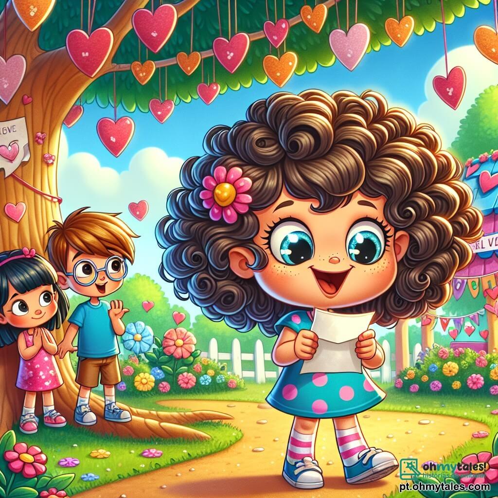 No centro da imagem, uma menina de 8 anos, Clara, com cabelos cacheados e um sorriso travesso, segura um pequeno bilhete de papel nas mãos. Seus olhos brilham de excitação e curiosidade enquanto ela está sob uma grande árvore, cercada por corações de papel pendurados nos galhos. Ao lado dela, seu amigo Lucas, um menino de 8 anos com cabelos castanhos e óculos redondos, observa o bilhete com um olhar intrigado. Ele veste uma camiseta azul e um short, parecendo pronto para ajudá-la em sua busca. Um pouco mais adiante, Ana, uma menina de 8 anos com cabelos lisos e negros, usando um vestido rosa com bolinhas, observa a cena com um sorriso encorajador, segurando um pequeno buquê de flores de papel. O local é um parque colorido, cheio de flores vibrantes e decorações de Dia dos Namorados, com corações e guirlandas penduradas nas árvores. O céu é de um azul brilhante, e o sol brilha, criando uma atmosfera alegre e festiva. A situação principal mostra Clara e seus amigos planejando como revelar a identidade do admirador secreto, cercados pela atmosfera calorosa da festa de Dia dos Namorados, cheia de risadas e amizade.