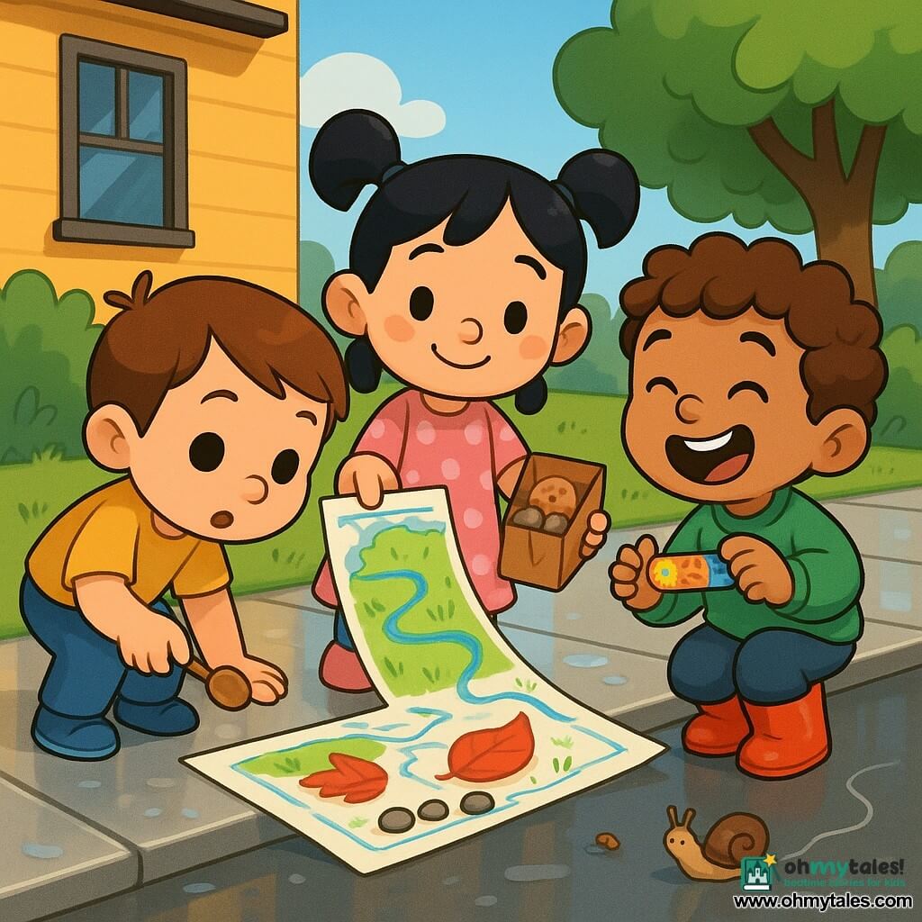 Three toddlers—Milo (boy, ~3, short chestnut hair, round cheeks, yellow t-shirt, blue pants, holding a small wooden spoon) on the left leaning toward a brightly crayon-drawn map; Lina (girl, ~3, black pigtails, soft face, pink polka-dot dress, holding a small brown paper bag with visible pebbles) in the center smiling and pointing at the map; and Jay (boy, ~3, curly brown hair, laughing face, green sweatshirt, red rubber boots, holding a colorful bandage) on the right—are crouched together on a wet gray sidewalk after rain with shiny reflections and small puddles, a yellow-walled house in the background and a large leafy green tree to the right; a tiny snail leaves a silver trail nearby; on the map sits a red leaf, three small pebbles are lined up, and a wrapped cookie peeks from the bag, creating a joyful, curious, cooperative atmosphere.