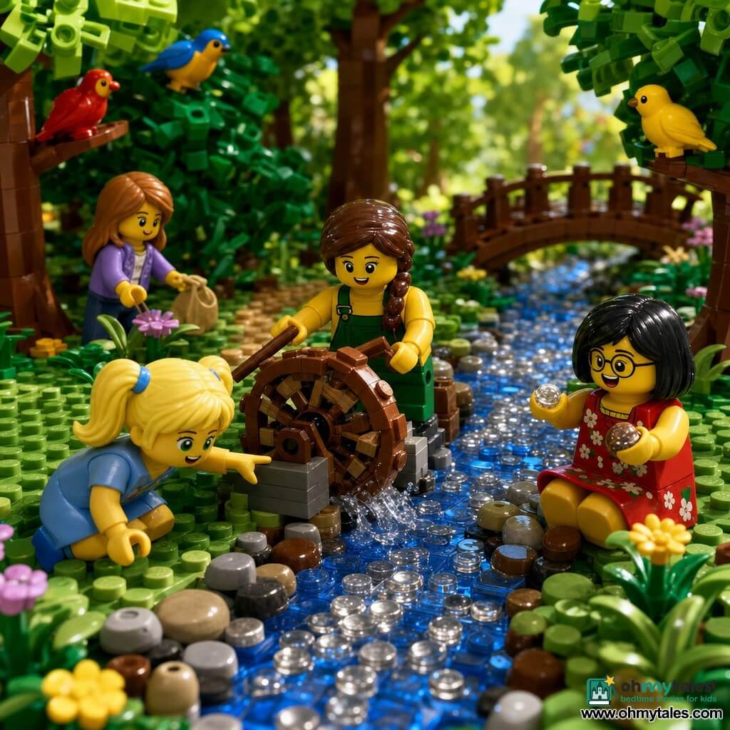 Four girls—Lily, 8, blonde pigtails, green eyes, blue dress, crouched at left front pointing at a small wooden water wheel turning in the creek; Mia, 7, brown braided hair, yellow t‑shirt and green overalls, center behind Lily assembling a brick wheel with sticks; Zoe, 6, short black hair, round glasses, red floral dress, right by the stream showing shiny stones and laughing; Emma, 7, light brown hair, purple cardigan, slightly back left planting a flower with a small bag of seeds—play in a sunny little wood with bright green trees, a narrow blue‑silver creek, smooth wet stones, yellow and mauve wildflowers and a small LEGO‑style wooden bridge in the background as they build and test a small waterwheel powered by the stream; the wheel turns splashing drops, colorful LEGO birds perch in the trees, and the scene feels joyful and eco-friendly.