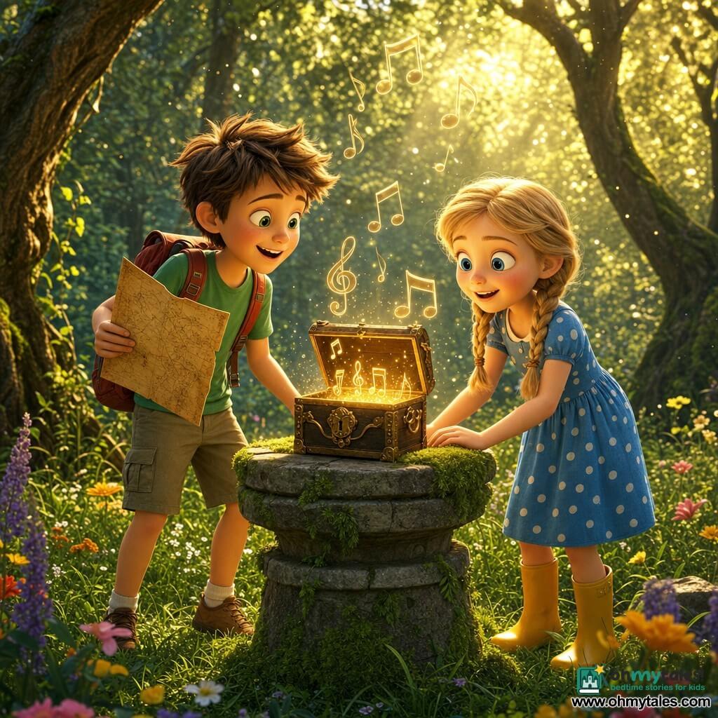 Two main characters: a boy of about 10 with messy brown hair, a green t-shirt, khaki shorts and a red backpack holding an old yellowed map in his right hand, standing left and looking at the map excitedly; a girl of about 10 with blonde hair in pigtails, a blue polka-dot dress and yellow rubber boots standing right with wide eyes touching a small stone chest on a mossy pedestal. Setting: a sunny forest clearing with tall green grass, colorful wildflowers and gnarly tree trunks, light beams and dust motes in the air. Main situation: the children have just opened a small mysterious chest on the pedestal engraved with faintly glowing musical symbols; their faces show wonder and joy as warm golden light and translucent musical notes float around the chest.