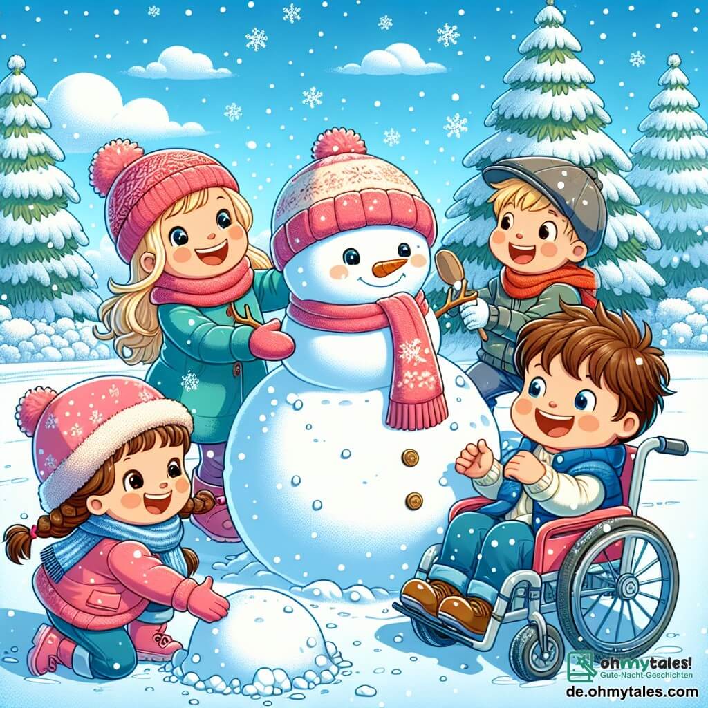 In einer zauberhaften Winterlandschaft spielen vier Kinder fröhlich im Schnee. Anna, ein 8-jähriges Mädchen mit langen blonden Haaren und einem roten Schal, lächelt, während sie einen großen Schneemann rollt. Neben ihr bereitet sich Max, ein 9-jähriger Junge mit zerzausten braunen Haaren und einer blauen Jacke, darauf vor, einen riesigen Schneeball zu werfen. Leni, ein 7-jähriges Mädchen mit braunen Zöpfen und einer rosa Mütze, lacht, während sie Schnee sammelt, um einen weiteren Schneemann zu bauen. Schließlich schaut Tom, ein 8-jähriger Junge im bunten Rollstuhl, lächelnd zu seinen Freunden und hält einen kleinen Hut für den Schneemann in der Hand. Die Kulisse ist ein weitläufiges, verschneites Feld, umgeben von großen, schneebedeckten Tannen unter einem hellblauen Himmel mit weißen Wolken. Sanfte Schneeflocken fallen und verleihen der Szene einen magischen Touch. Die Kinder haben Spaß beim Bau eines Schneemanns, lachen und spielen zusammen, was Freude und Freundschaft im Winter zeigt.