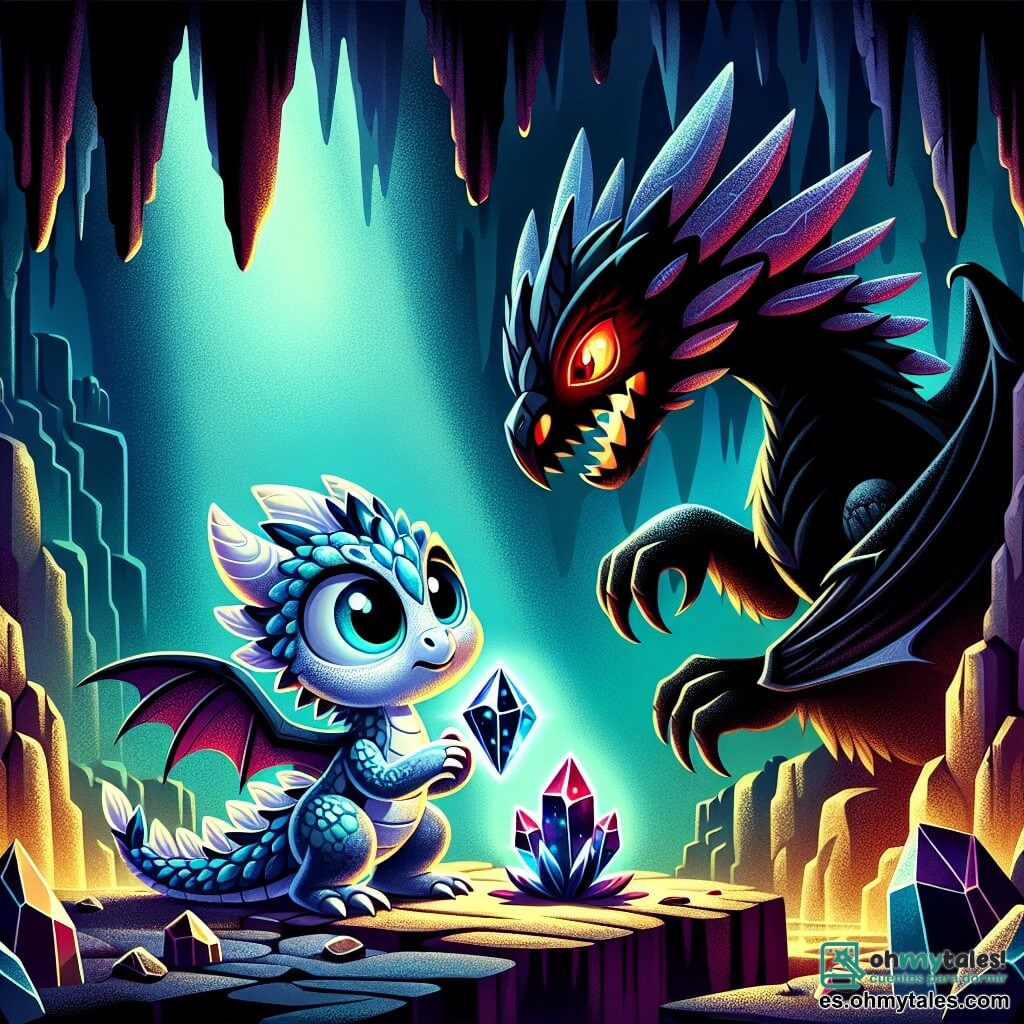 Un pequeño dragón llamado Zafiro, con escamas brillantes como el cielo nocturno, se encuentra en el centro de la escena, con los ojos abiertos de miedo y asombro. Tiene alas delicadas y un cuerpo redondeado, sosteniendo un cristal oscuro brillante entre sus patas delanteras, emitiendo un resplandor misterioso. A su derecha, un dragón de sombras, grande y amenazante, con escamas negras y ojos rojos brillantes, está en posición de ataque, con una expresión furiosa y desesperada. A su izquierda, un dragón plateado, majestuoso y luminoso, emerge de la sombra, con una expresión suave y tranquilizadora, listo para ayudar a Zafiro. El lugar es una cueva oscura, con paredes de piedra rugosa y estalactitas que cuelgan como dientes afilados. Sombras bailan en las paredes, creando una atmósfera aterradora y fascinante, mientras una luz misteriosa emana del cristal en el centro de la escena. La situación principal muestra a Zafiro enfrentándose a la criatura de la sombra, listo para liberar su valentía, mientras el dragón plateado se prepara para intervenir y restablecer el equilibrio entre la luz y la oscuridad.