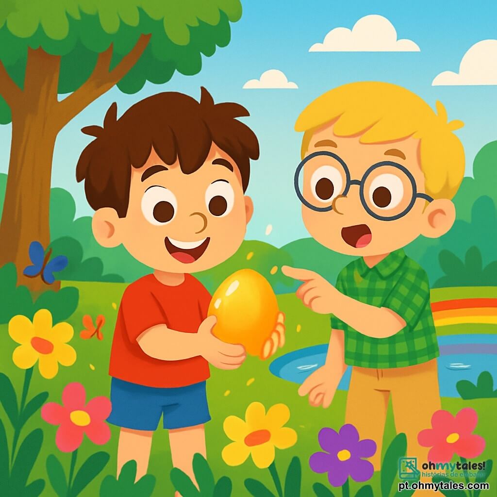 Há 2 personagens principais: - João: um garoto de 7 anos, com cabelos castanhos bagunçados e olhos brilhantes de curiosidade. Ele está segurando um ovo dourado brilhante nas mãos, com um grande sorriso no rosto. - Miguel: um garoto de 7 anos, com cabelos loiros e óculos redondos. Ele está ao lado de João, apontando para o ovo dourado com uma expressão de admiração. O cenário é um jardim encantador, cheio de flores coloridas e um grande árvore majestosa ao fundo. João e Miguel estão descobrindo o ovo dourado, cercados por flores mágicas, cheios de alegria e prontos para compartilhar sua incrível descoberta com os amigos.
