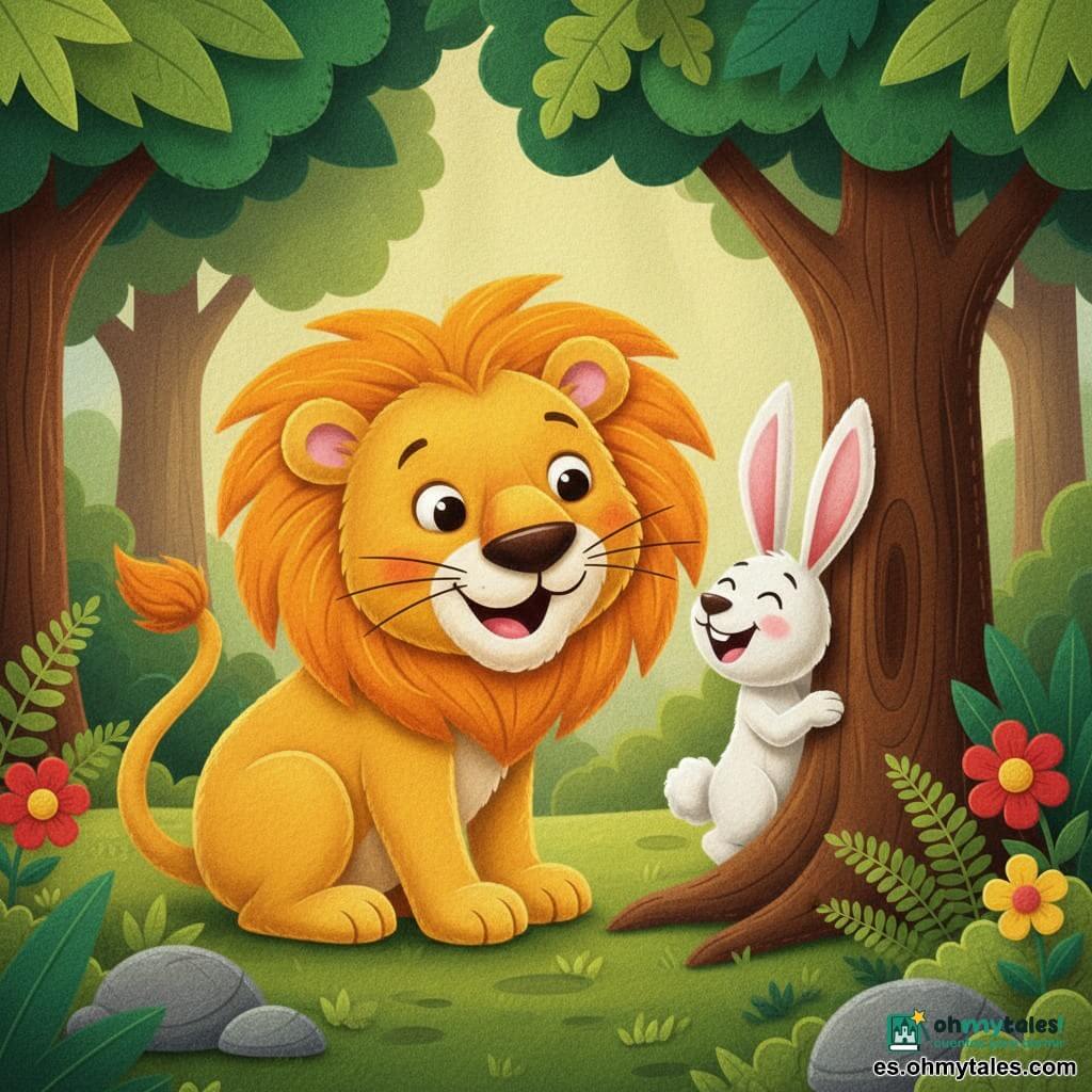 Un león dulce y alegre, con gran melena dorada y ojos redondos, sonríe e inclina la cabeza; sentado sobre las patas traseras con la cola enroscada, muestra texturas de fieltro (pelos recortados y costuras visibles). Un pequeño conejo blanco llamado Rápido, de largas orejas rosadas y patas finas, asoma riendo detrás de un gran tronco a la derecha del león, a la altura de su pata anterior, con capas de fieltro en orejas y cola. La escena transcurre en una jungla colorida con grandes árboles de hojas anchas, helechos, flores rojas y amarillas, luz cálida filtrando entre el follaje, suelo de musgo y piedras redondeadas estilizadas en fieltro. Situación: el león acaba de encontrar al conejo; ambos ríen juntos en una atmósfera tierna y lúdica, colores vivos, formas simples y contornos nítidos, apto para un cuadro de fieltro para niños pequeños.