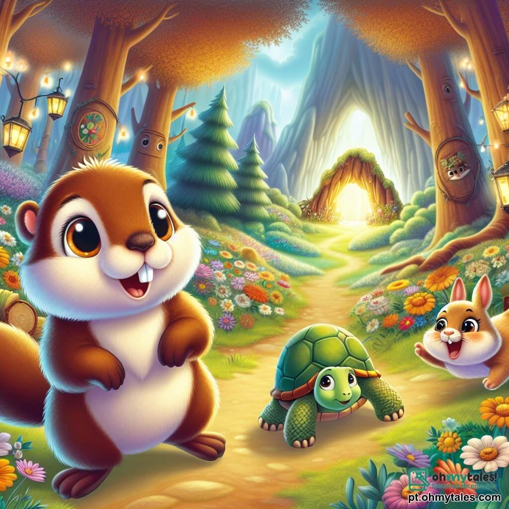 Uma marmota chamada Mima, com pelagem macia e marrom, olhos brilhantes como estrelas, está no centro da cena, exibindo uma expressão de curiosidade e deslumbramento. Ela está cercada por seus amigos: um coelhinho travesso chamado Rápido, com grandes orelhas e pelagem branca, que salta alegremente ao seu lado, e uma tartaruga chamada Tita, com uma carapaça verde e olhos sábios, que observa com um ar preocupado, mas determinado. O cenário é um lindo vale encantador, cheio de flores coloridas, árvores majestosas com folhas douradas e uma suave luz filtrando através dos galhos. Ao longe, uma caverna misteriosa brilha com um brilho mágico, convidando à exploração. A cena retrata Mima e seus amigos na entrada da caverna, prontos para descobrir um tesouro escondido, com expressões de excitação e aventura em seus rostos.