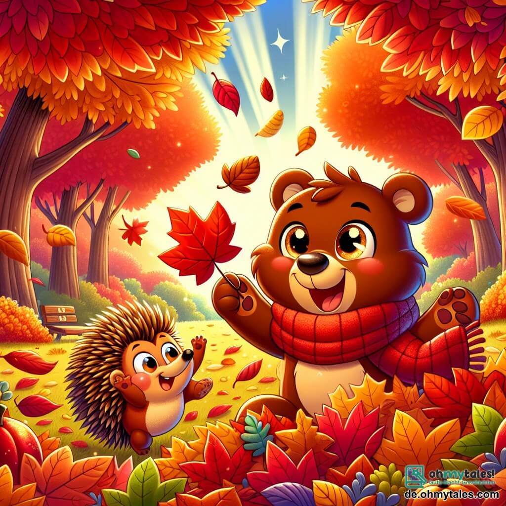 Ein kleiner brauner Bär namens Bruno, mit einem fröhlichen Lächeln und funkelnden Augen, steht im Mittelpunkt der Szene. Er trägt einen roten Wollschal und hält ein großes, buntes Herbstblatt wie einen Schatz. Neben ihm springt ein kleiner Igel mit goldenen Stacheln und einem schelmischen Blick in einen Haufen bunter Blätter. Im Hintergrund ist ein bezaubernder Park mit majestätischen Bäumen und leuchtenden Blättern in Rot, Orange und Gelb. Sonnenstrahlen filtern durch die Äste und schaffen eine warme, magische Atmosphäre. Bruno und sein Igel-Freund spielen fröhlich in den Blättern, lachen und werfen Blätter in die Luft, um die Schönheit des Herbstes zu feiern.